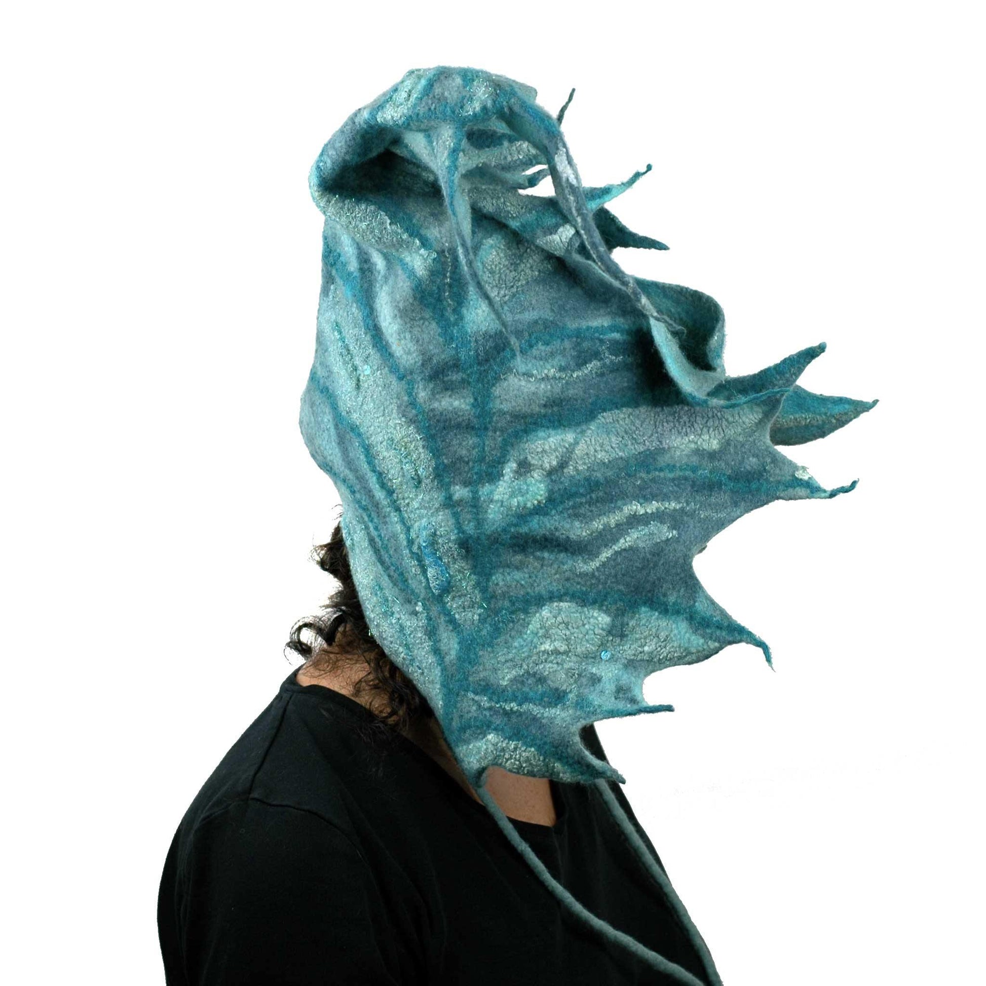 Teal Green Felted Leaf Hood with Ties - side view