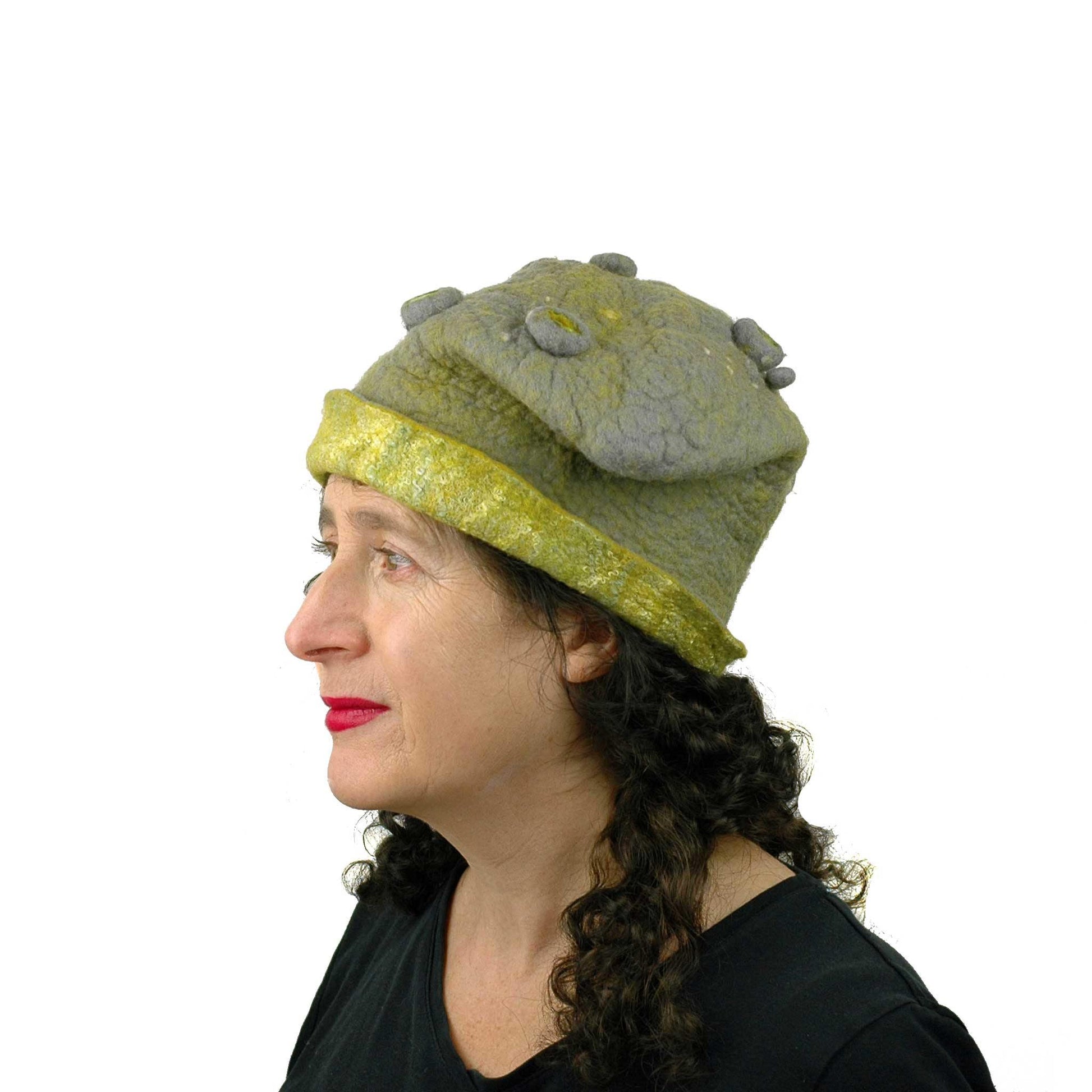 Textured Gray and Yellow Cloche Hat - side view