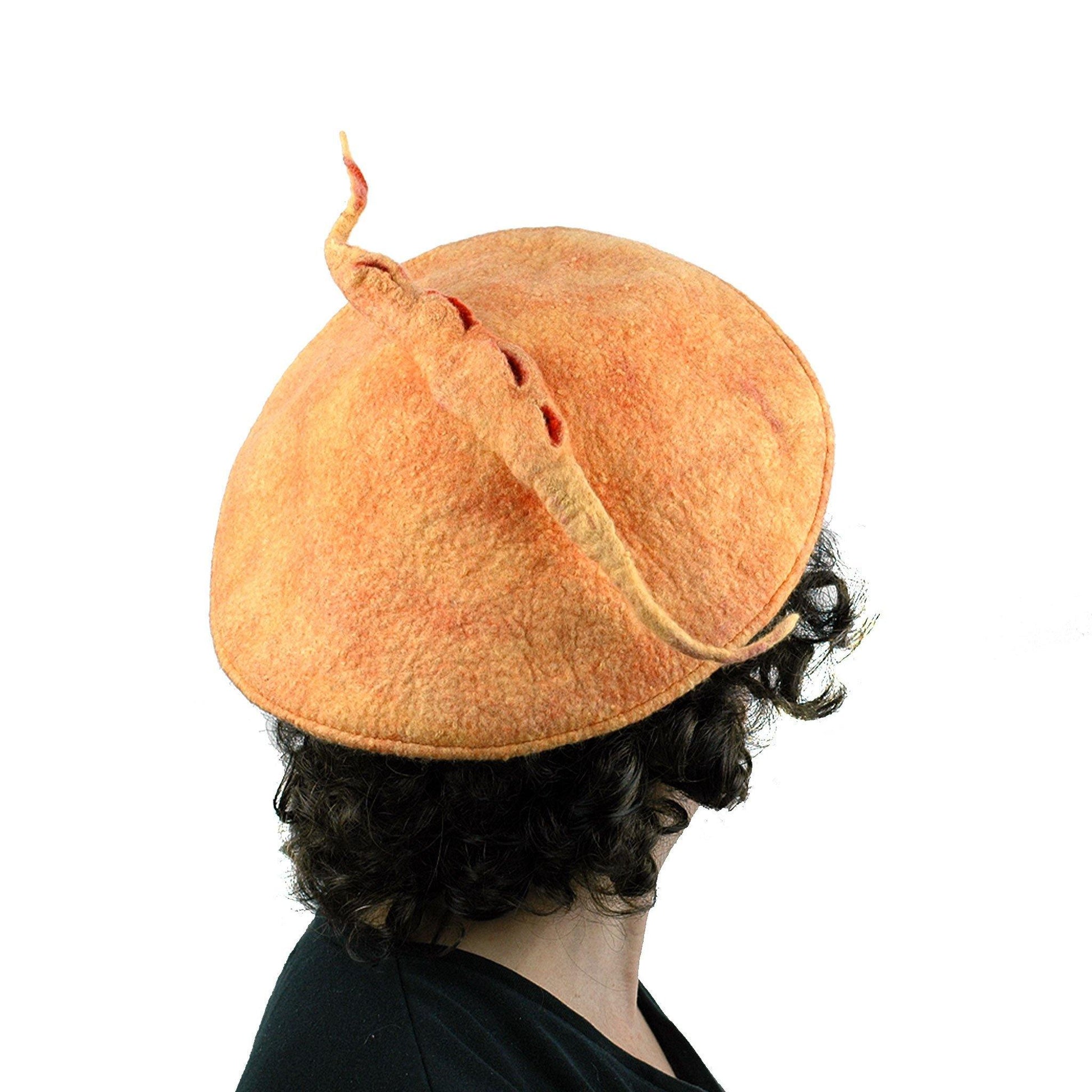 Tumeric Yellow Felted Beret with Sculptural Pod - back view