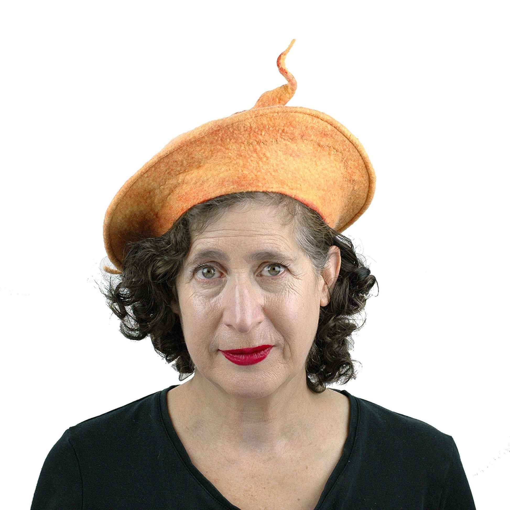 Tumeric Yellow Felted Beret with Sculptural Pod - front view