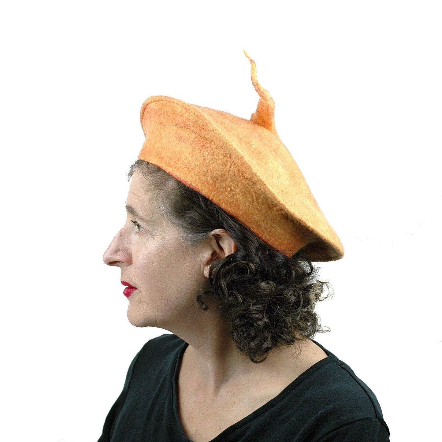 Tumeric Yellow Felted Beret with Sculptural Pod - side view