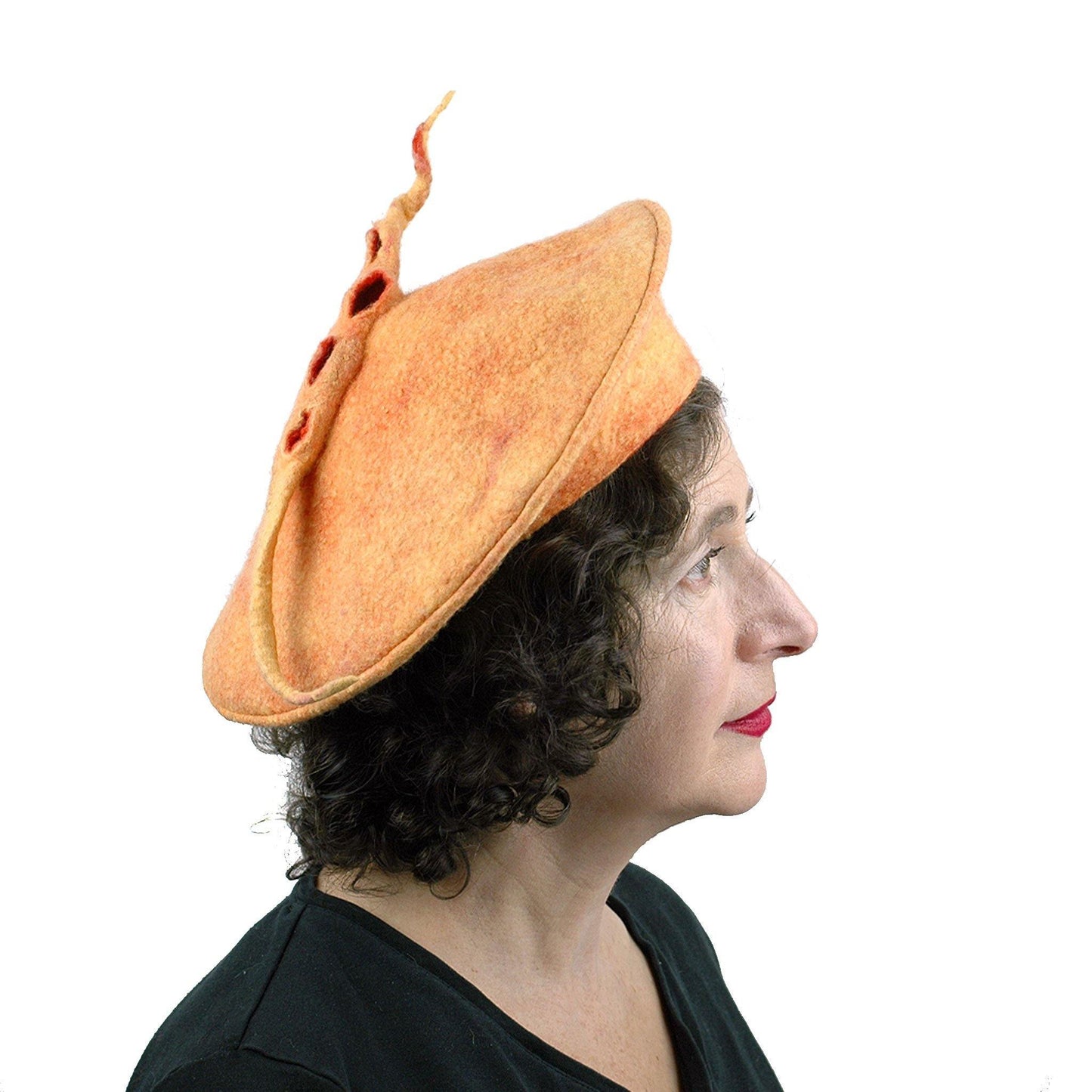 Tumeric Yellow Felted Beret with Sculptural Pod - side view