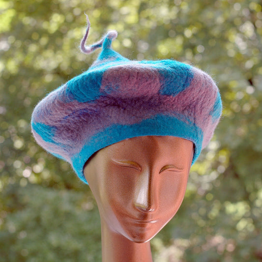 Turquoise and Gray Beret with Curly Stem - front view