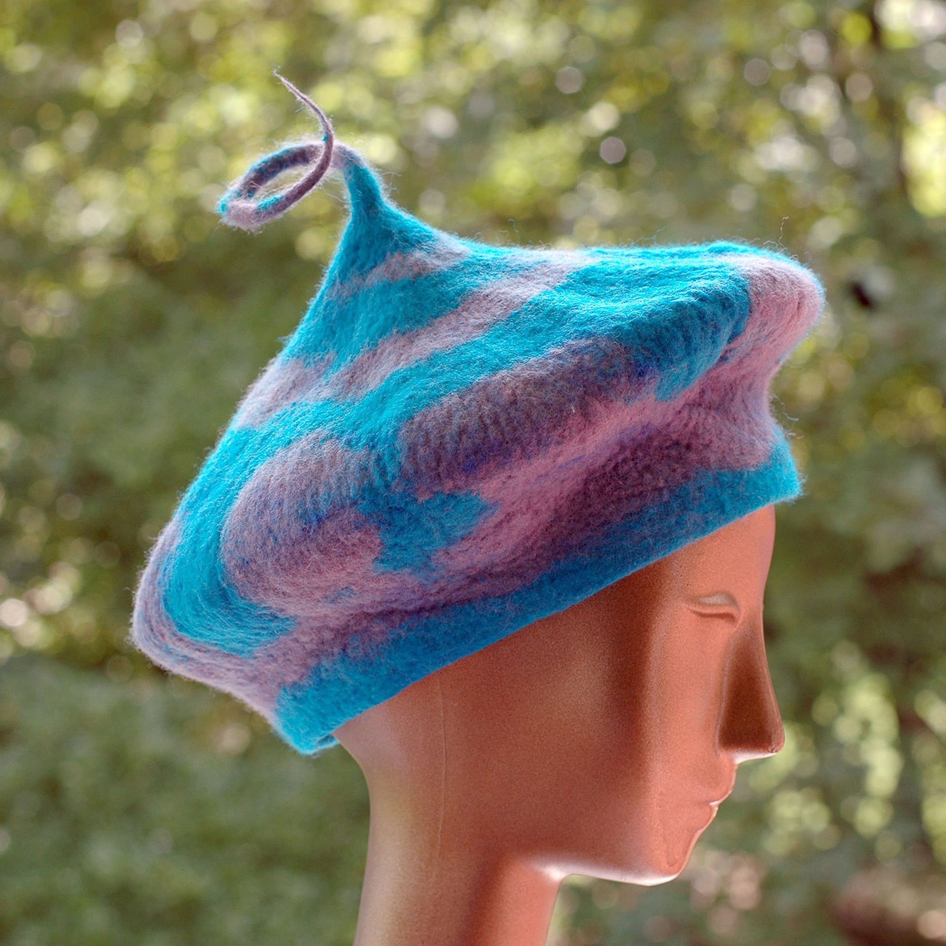 Turquoise and Gray Beret with Curly Stem - side view