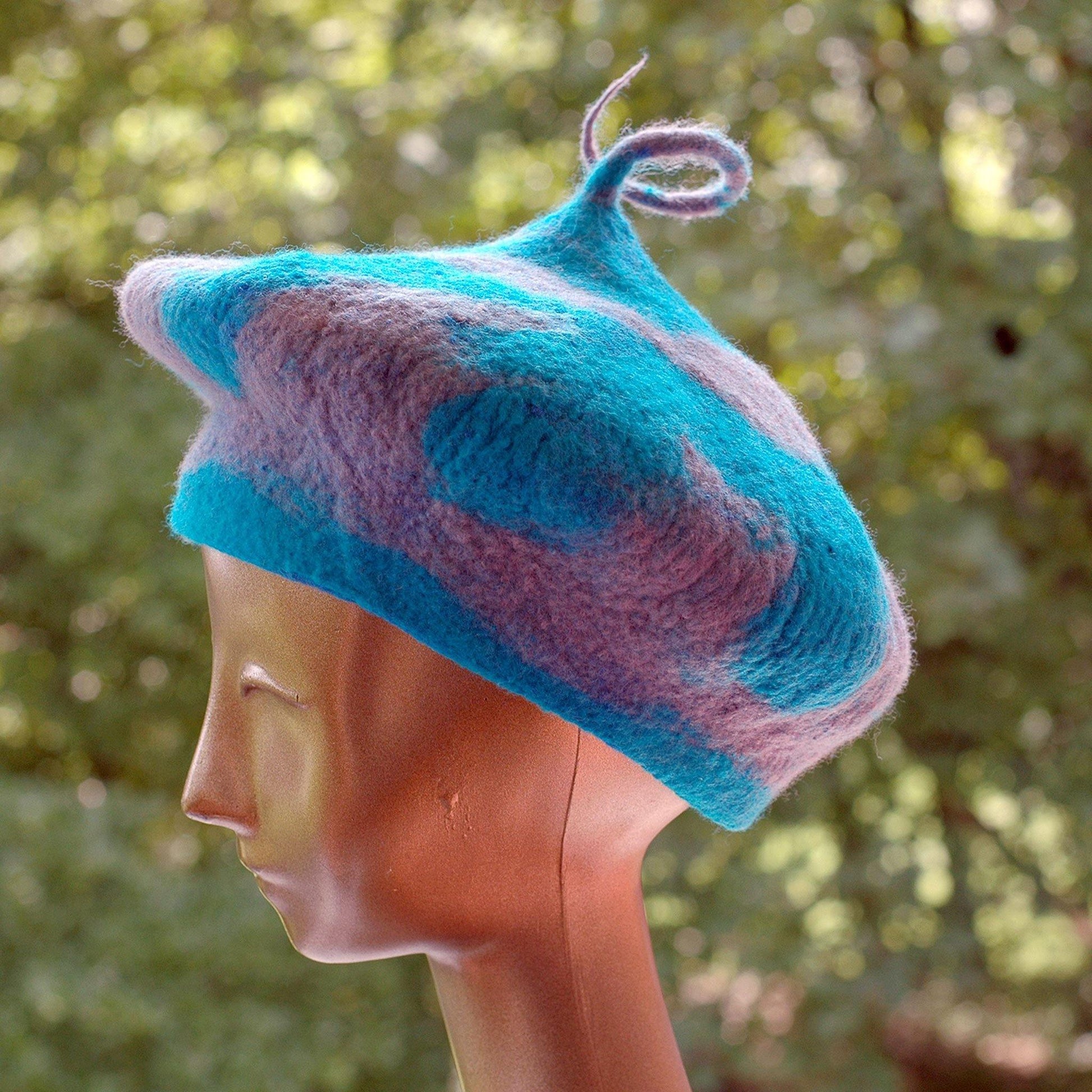 Turquoise and Gray Beret with Curly Stem - side view