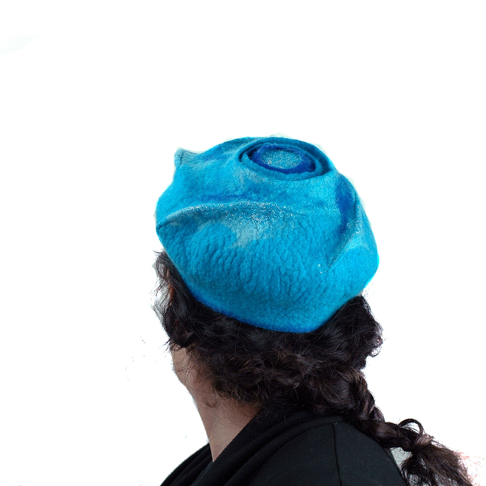 Turquoise Blue Beret with Concentric Circles / Fibonacci Rose on Top - back view