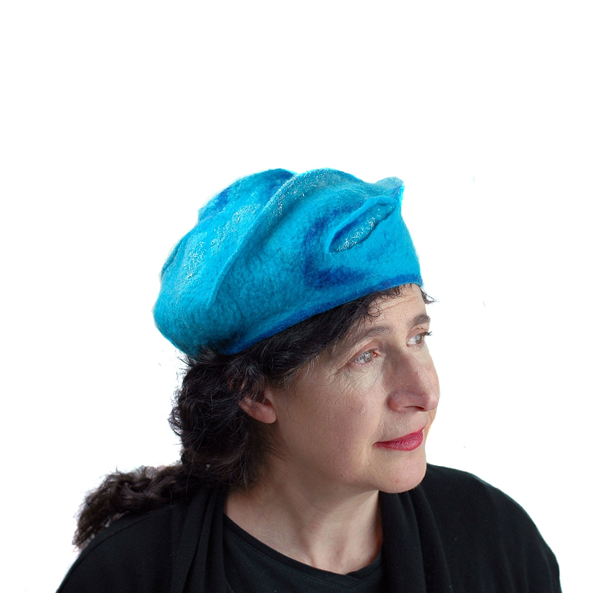 Turquoise Blue Beret with Concentric Circles / Fibonacci Rose on Top - side 1