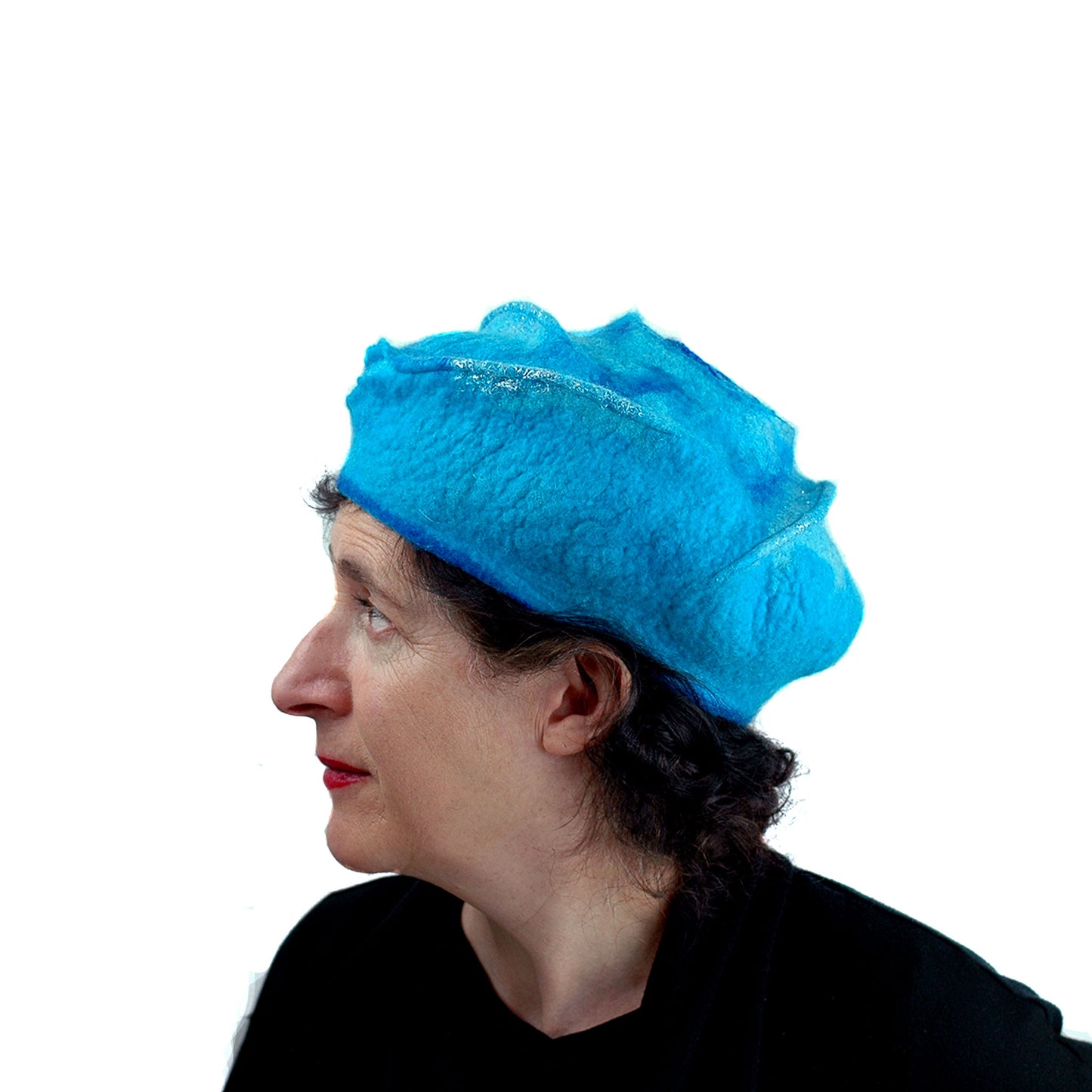 Turquoise Blue Beret with Concentric Circles / Fibonacci Rose on Top - side 2