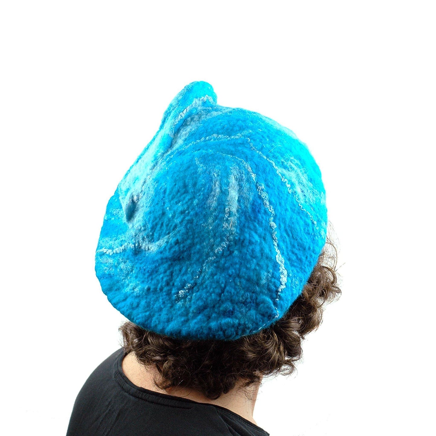 Turquoise Blue Felted Beret with Wave on Top - backview