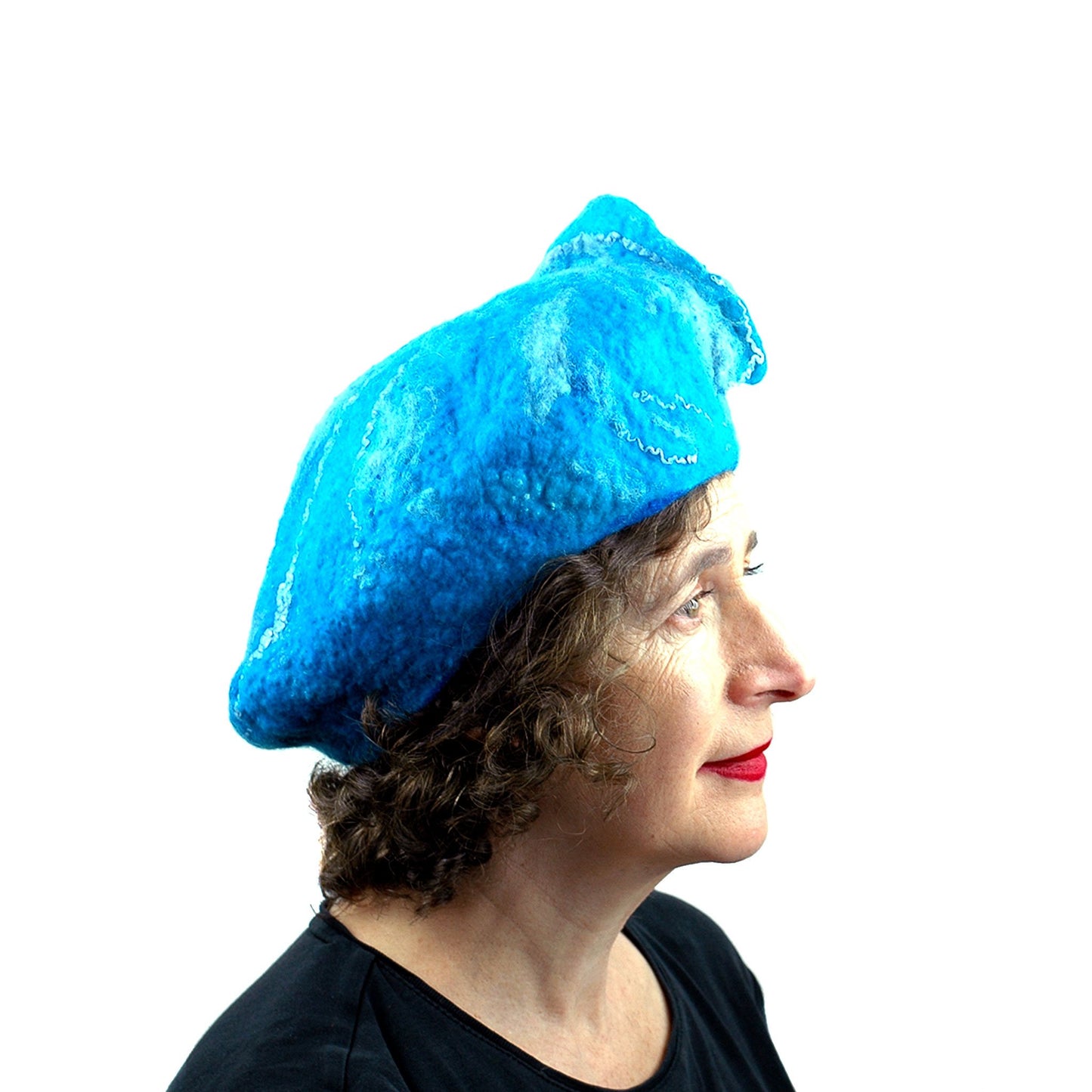 Turquoise Blue Felted Beret with Wave on Top - side view