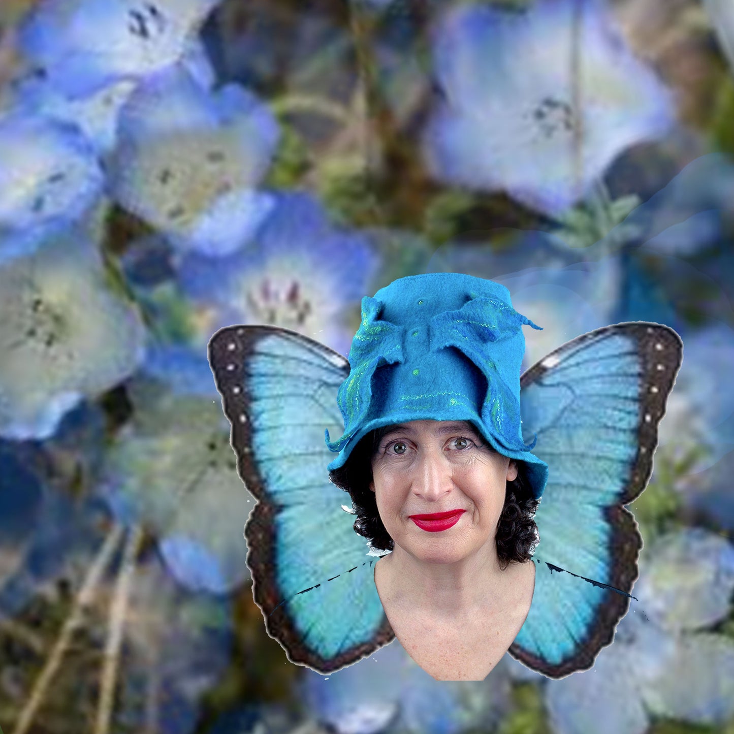 Turquoise Blue Felted Bucket Hat with Wings - digital collage