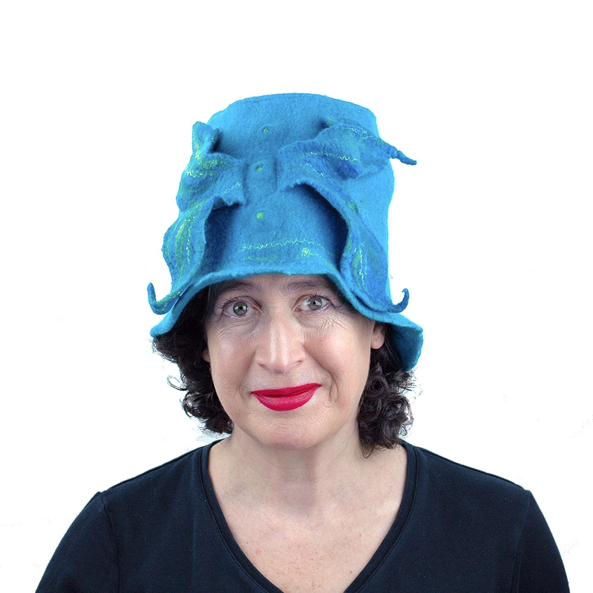 Turquoise Blue Felted Bucket Hat with Wings - front view