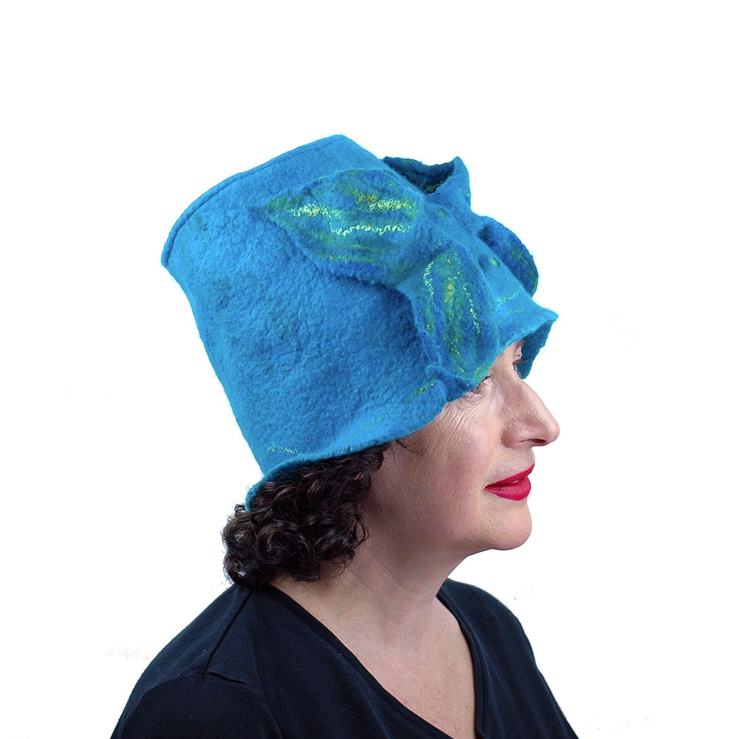 Turquoise Blue Felted Bucket Hat with Wings - side view