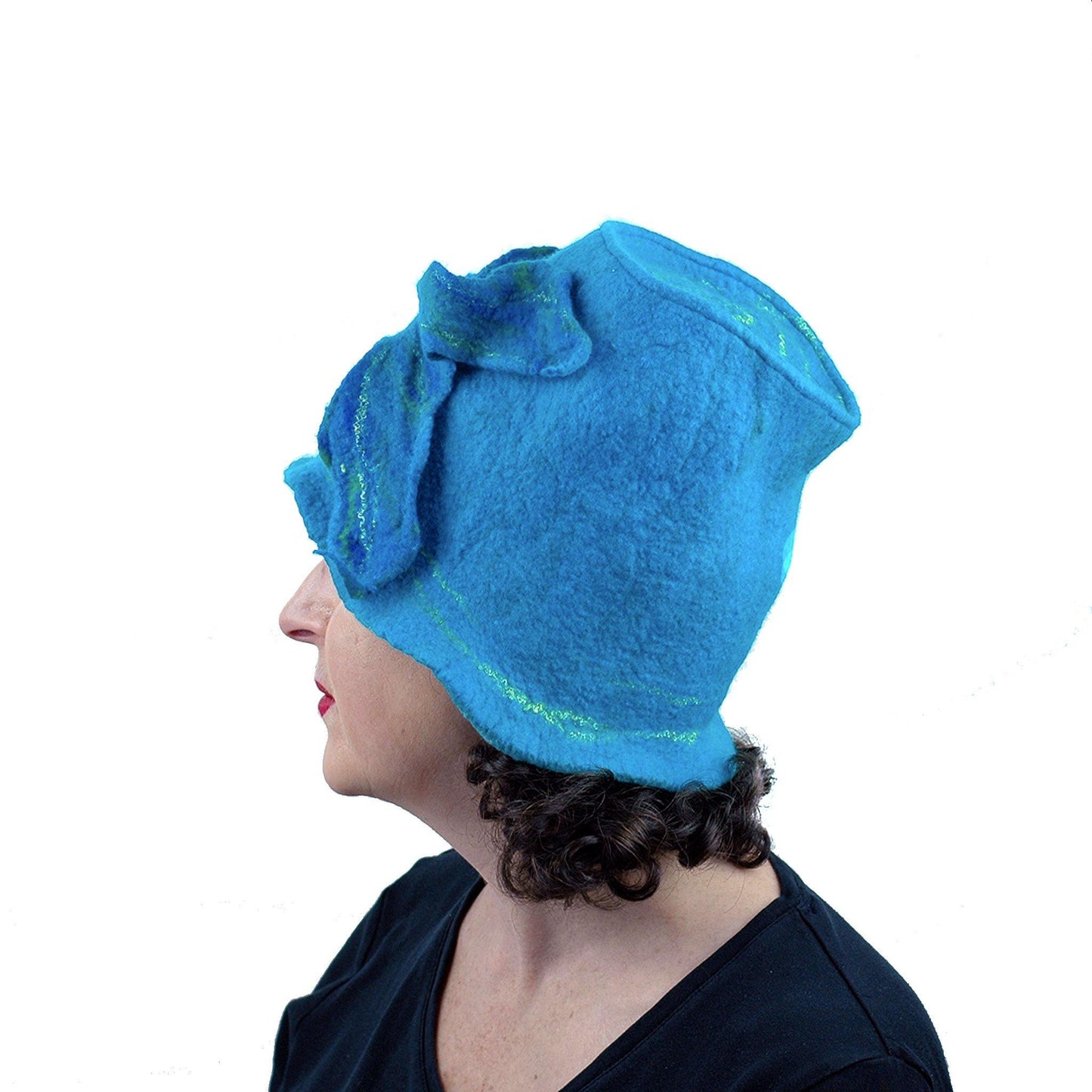 Turquoise Blue Felted Bucket Hat with Wings - side view