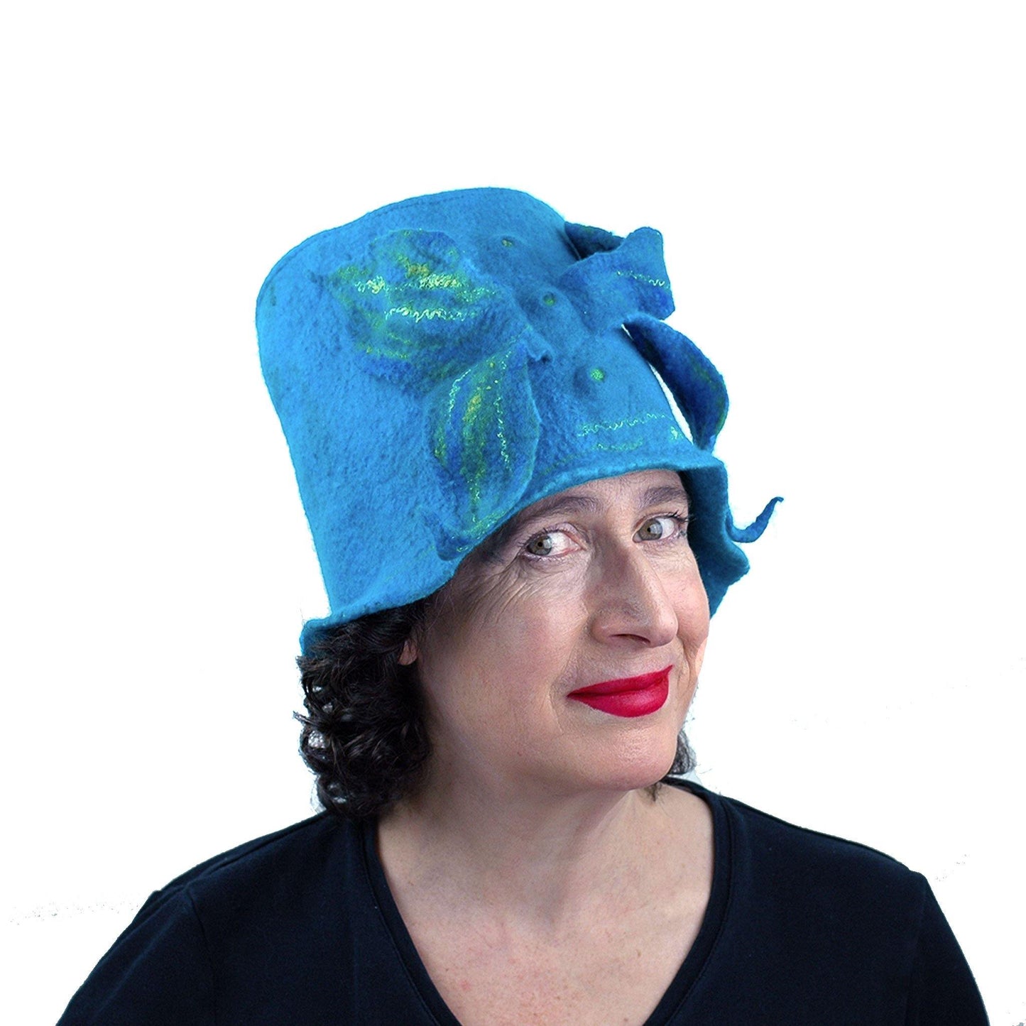 Turquoise Blue Felted Bucket Hat with Wings - threequarters view