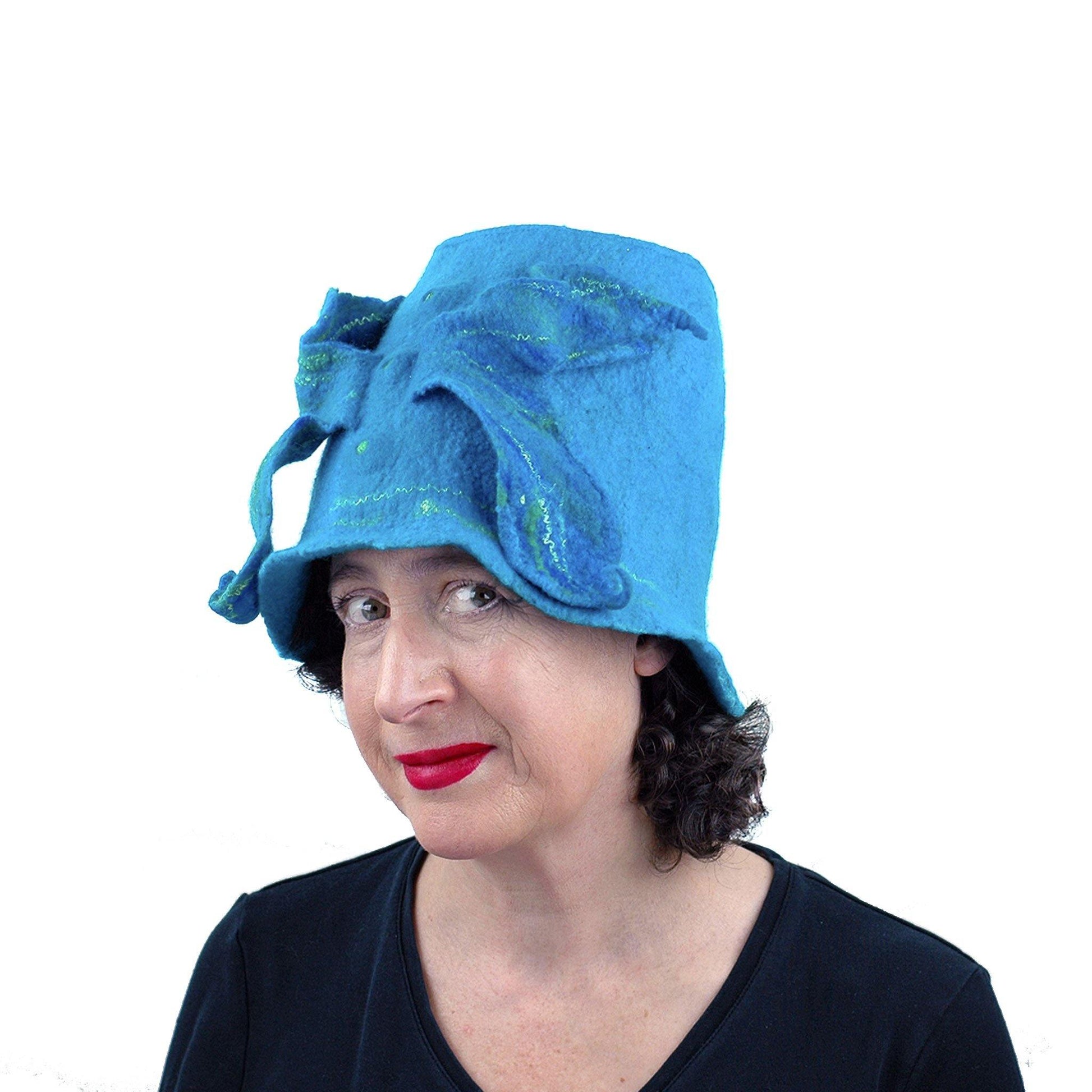Turquoise Blue Felted Bucket Hat with Wings - threequarters view
