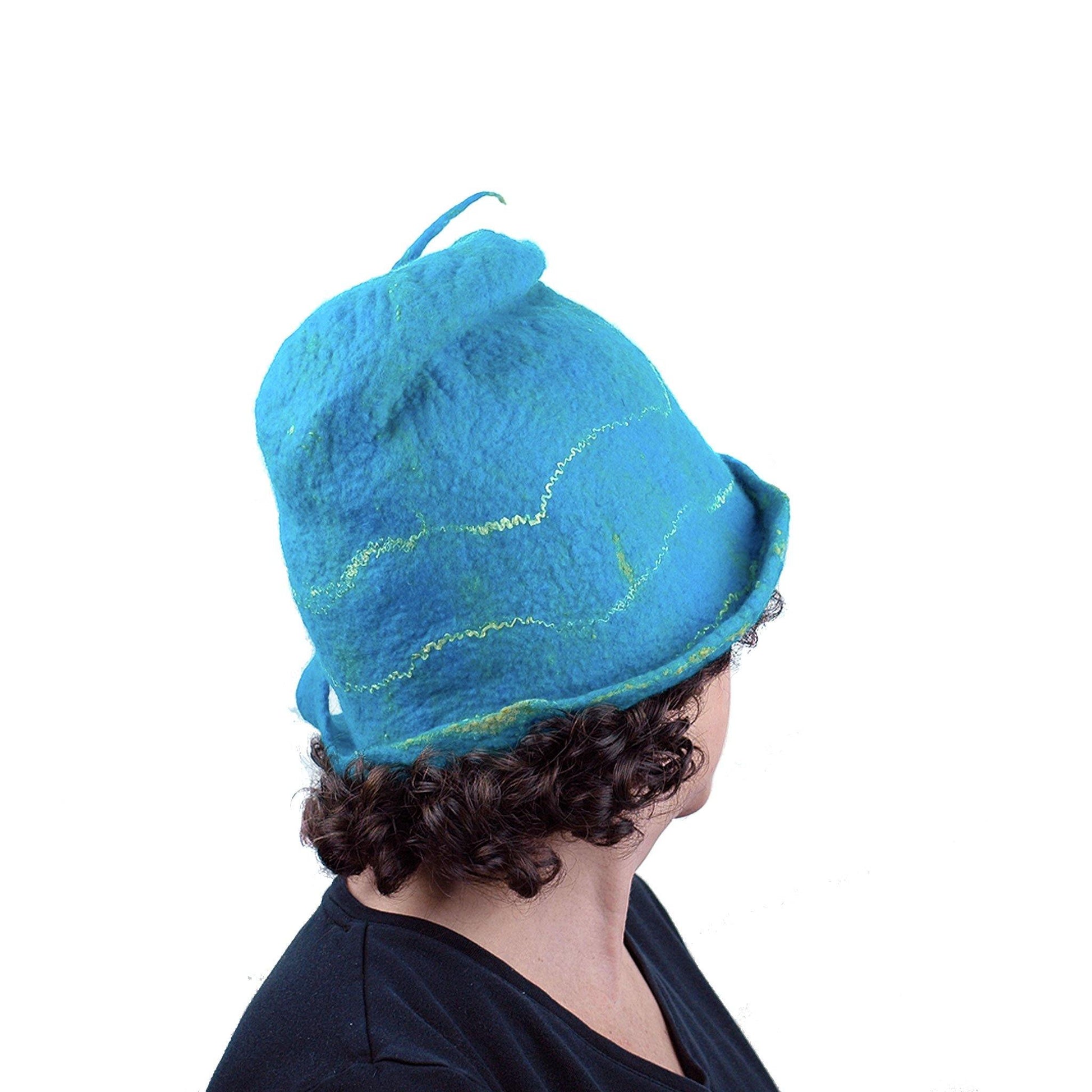 Turquoise Blue Felted Cloche with Mermaid Tail - back view