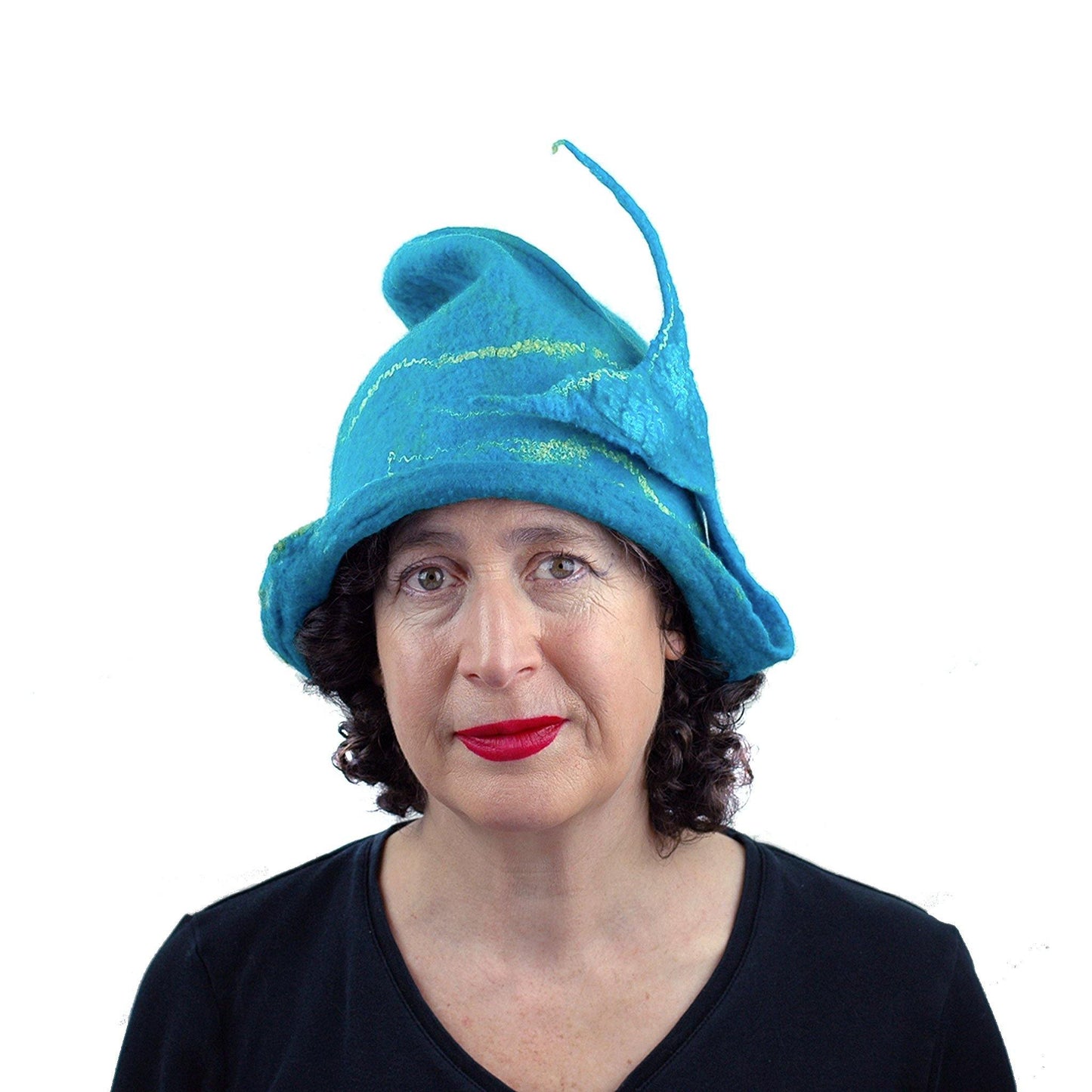 Turquoise Blue Felted Cloche with Mermaid Tail - front view