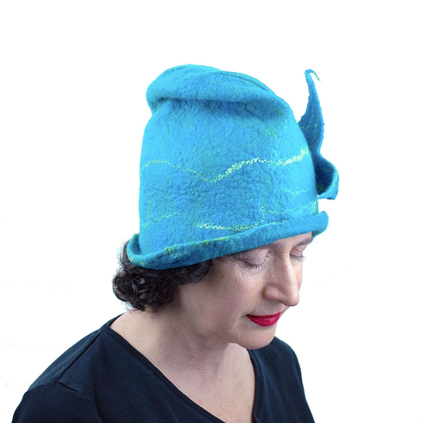 Turquoise Blue Felted Cloche with Mermaid Tail - side view looking down