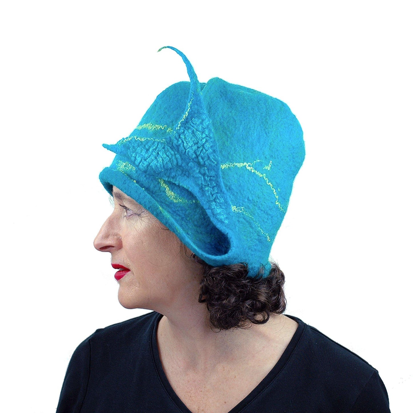 Turquoise Blue Felted Cloche with Mermaid Tail - side view