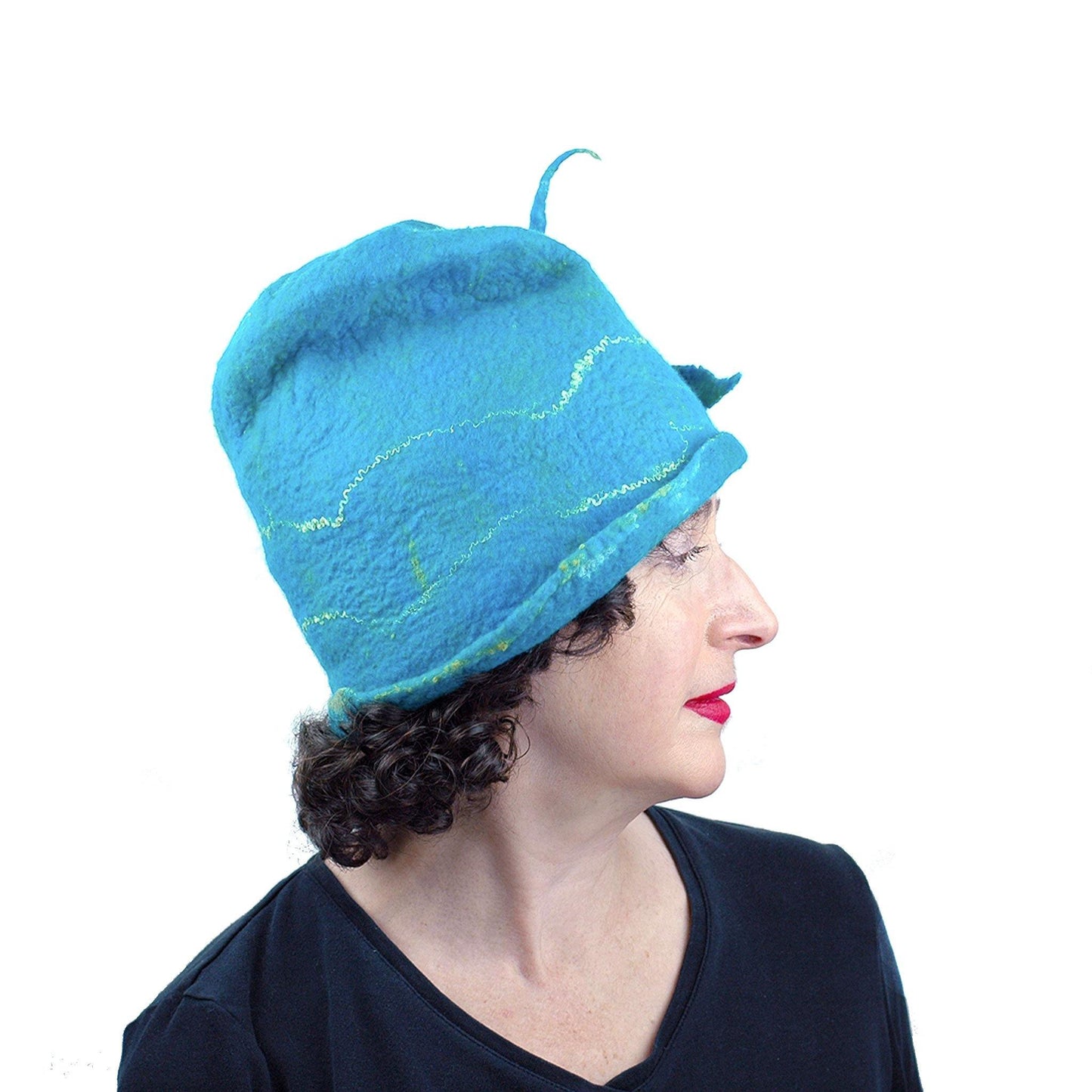 Turquoise Blue Felted Cloche with Mermaid Tail - side view