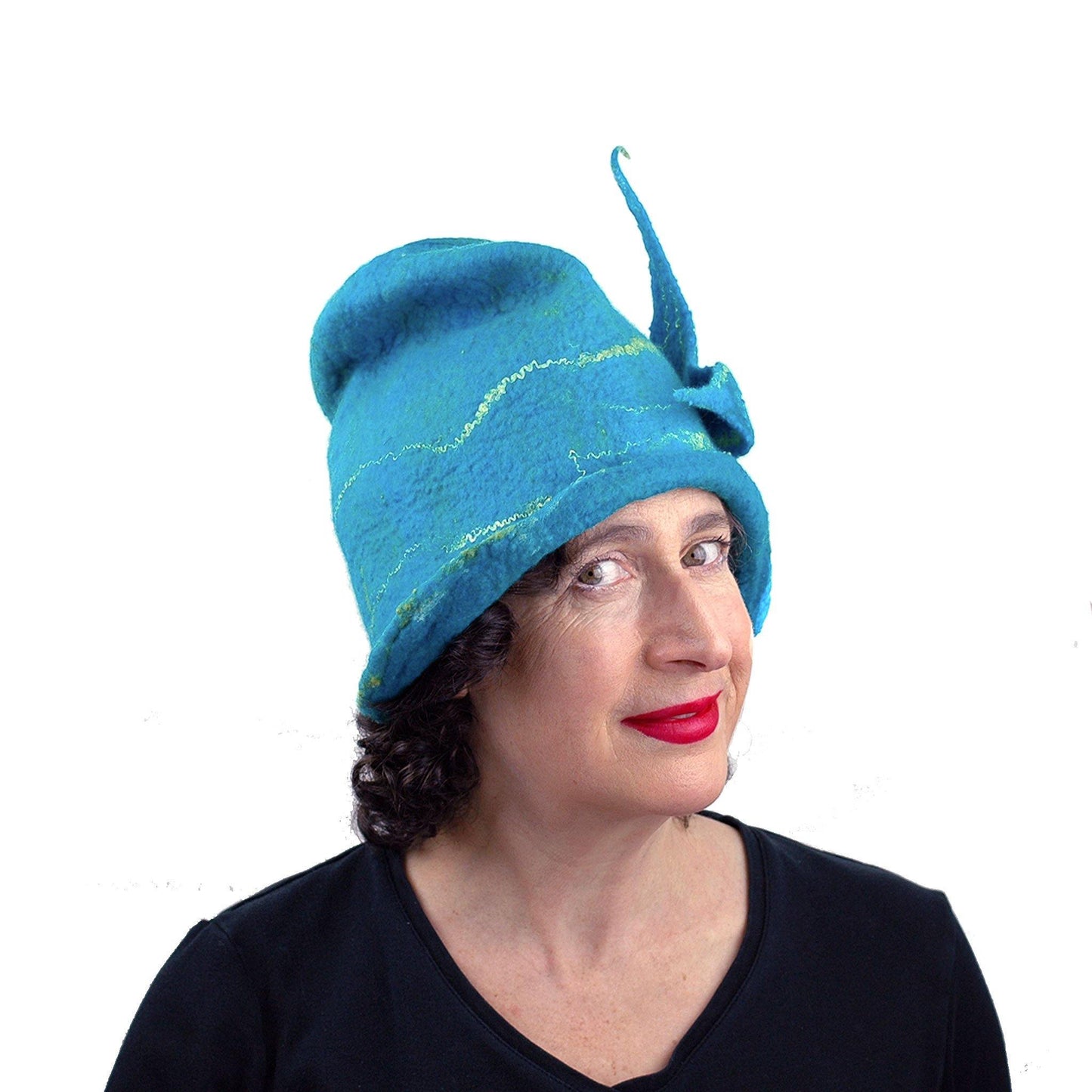 Turquoise Blue Felted Cloche with Mermaid Tail - threequarters view