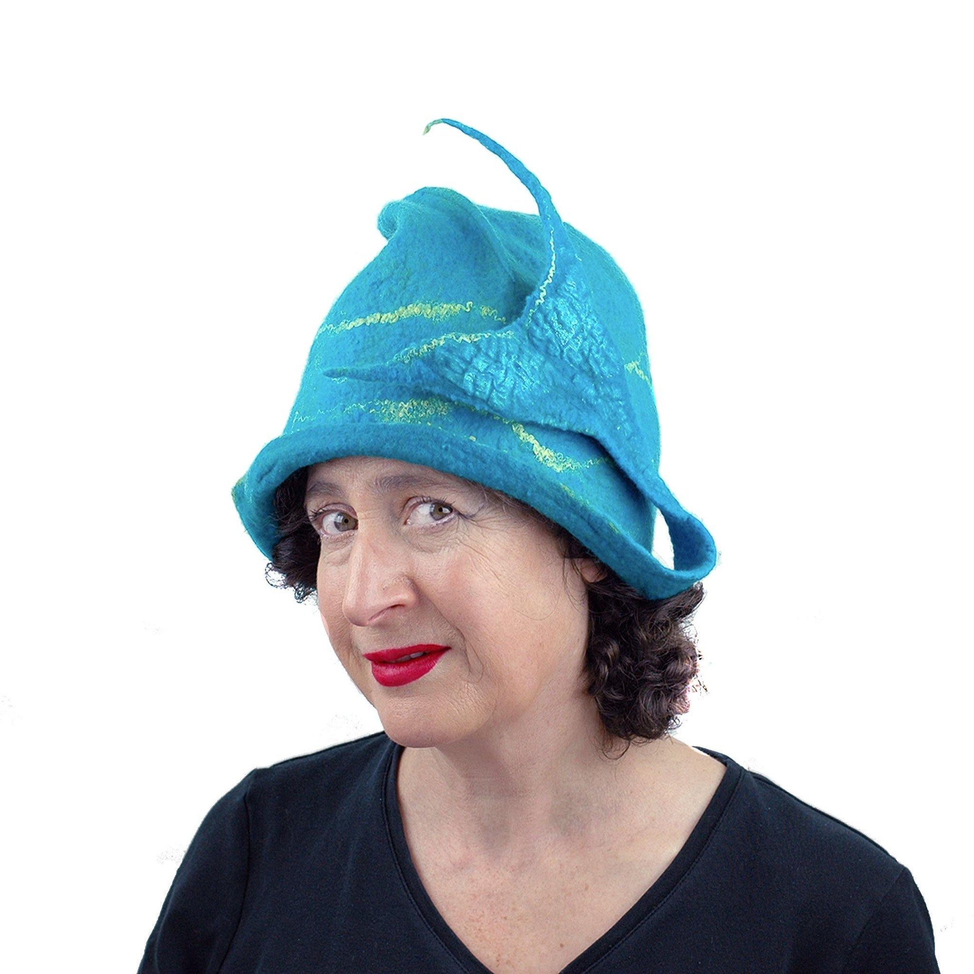Turquoise Blue Felted Cloche with Mermaid Tail - threequarters view