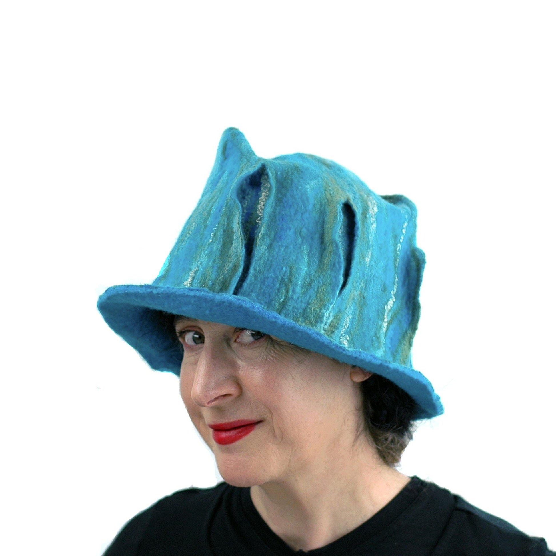 Turquoise and Green Felted Fedora - side view 2