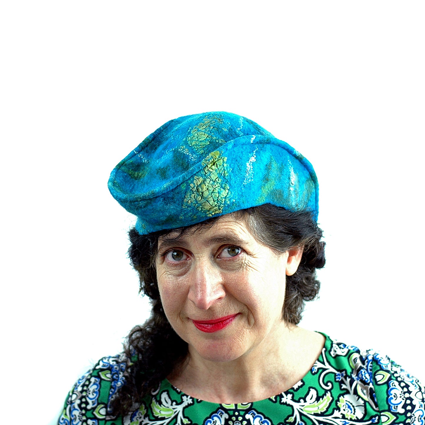 Turquoise Garrison Style Felted Beret -turned on head