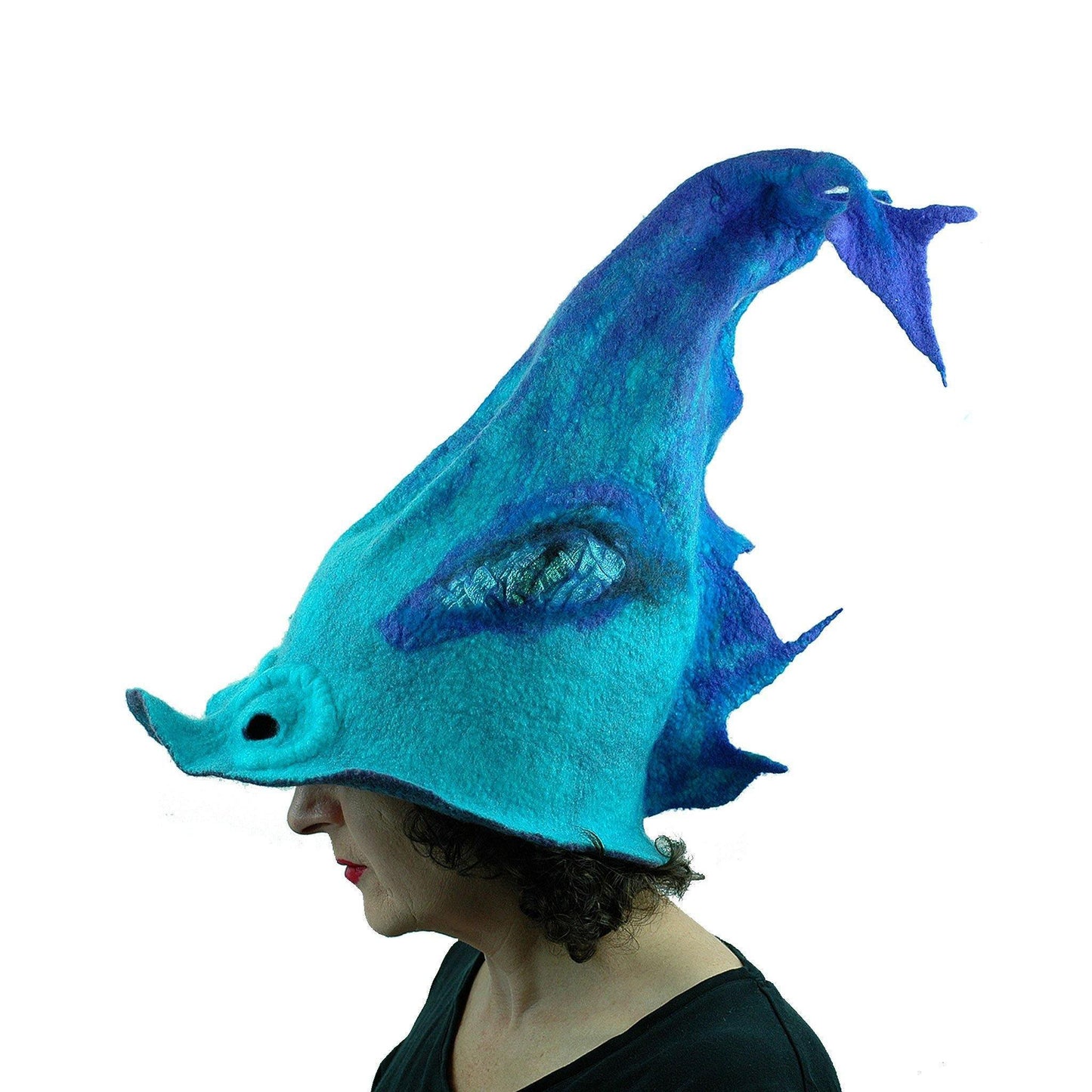 Turquoise Purple Dolphin Dragon Wizard Hat - side view