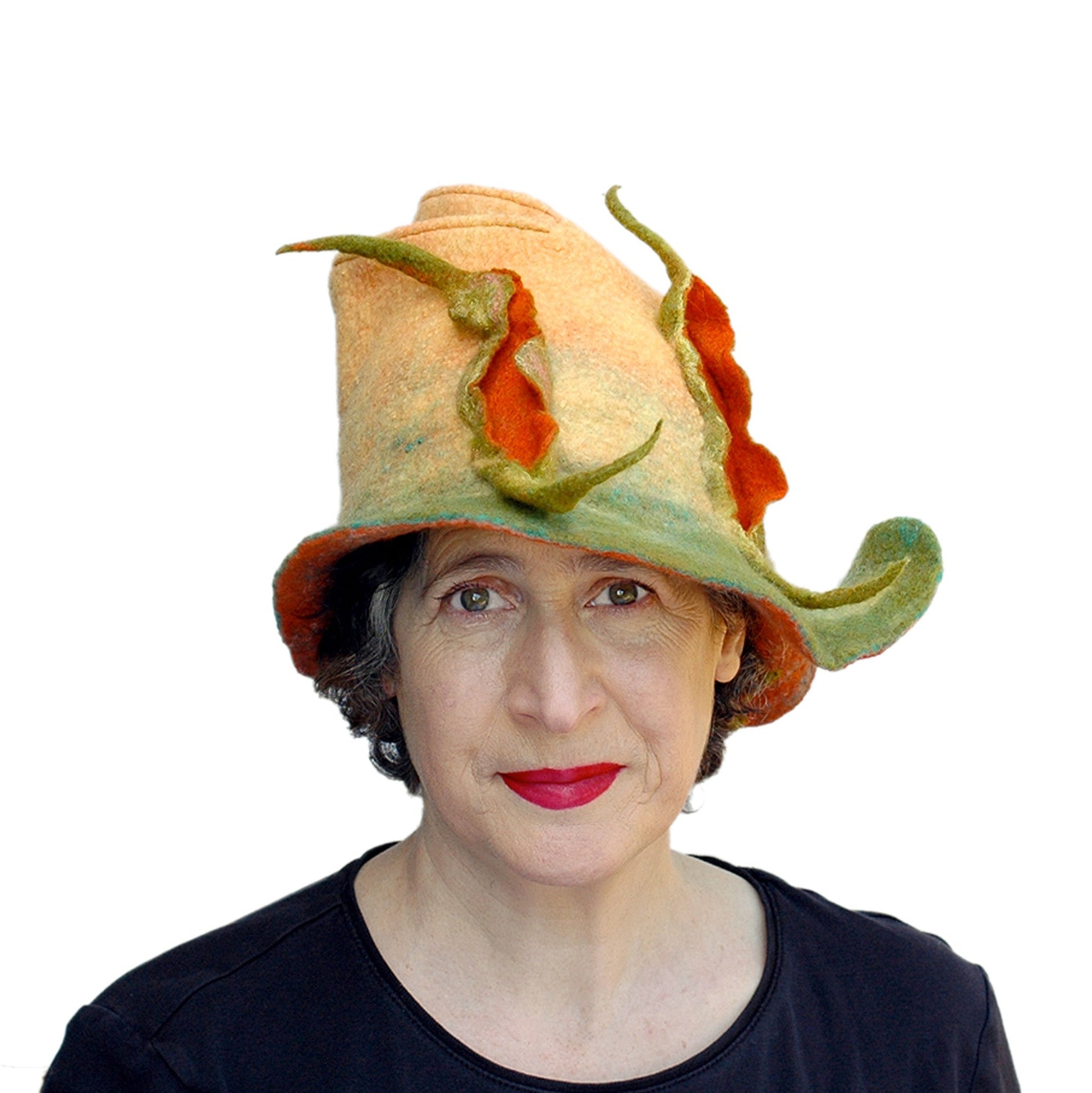Unique Yellow and Orange Fedora with Three Peapods - front view