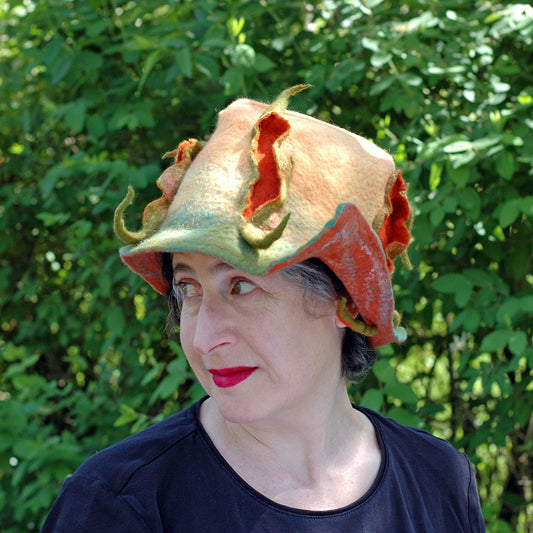Unique Yellow and Orange Fedora with Three Peapods - against green shrubbery