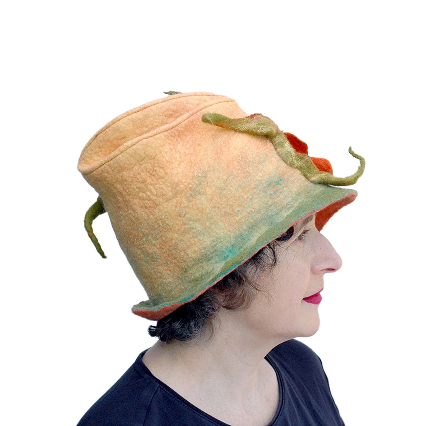 Unique Yellow and Orange Fedora with Three Peapods - side view
