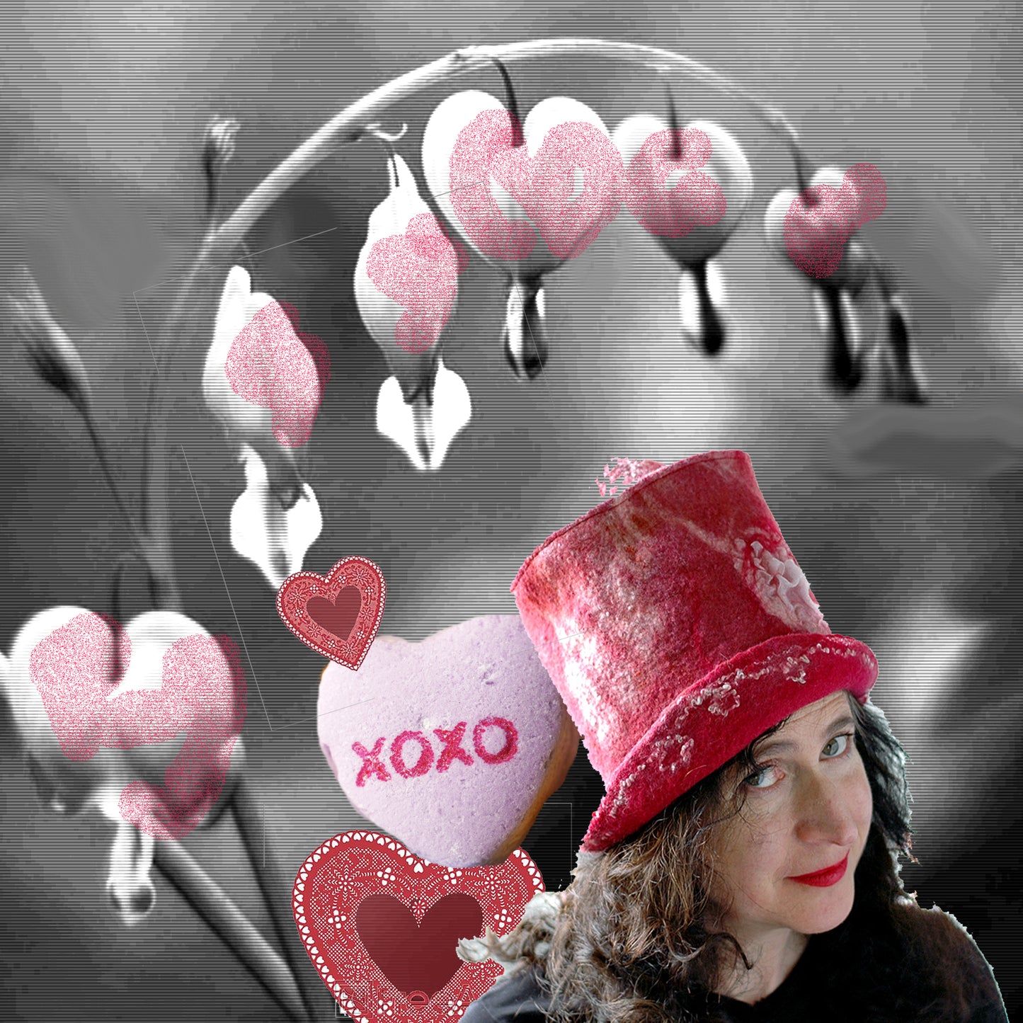 Pinky Red Valentines Top Hat with Bleeding Heart Plant and Candy Hearts in a digital collage.