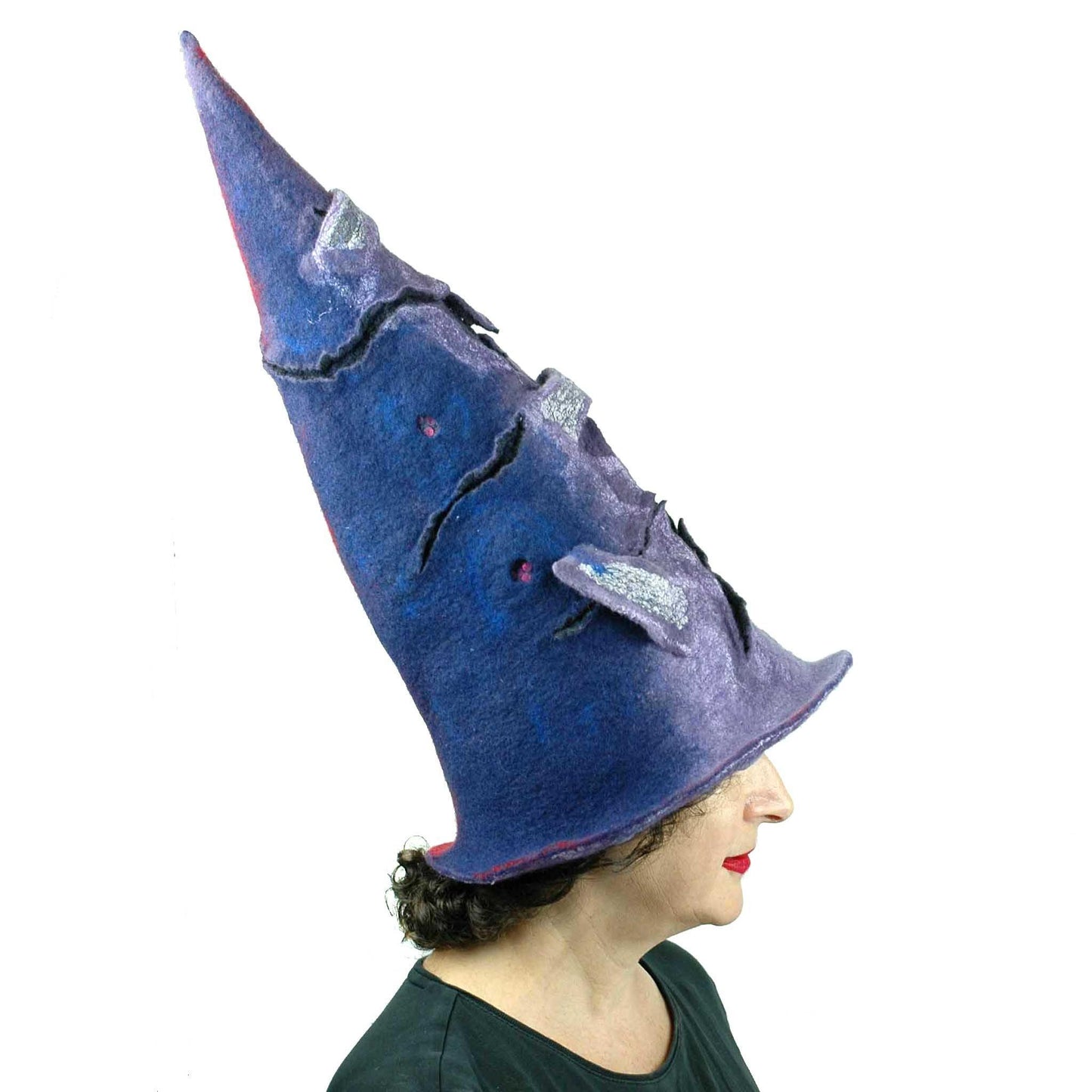Violet Protest Red and Blue Felted Witch Hat - Side view, blue side.