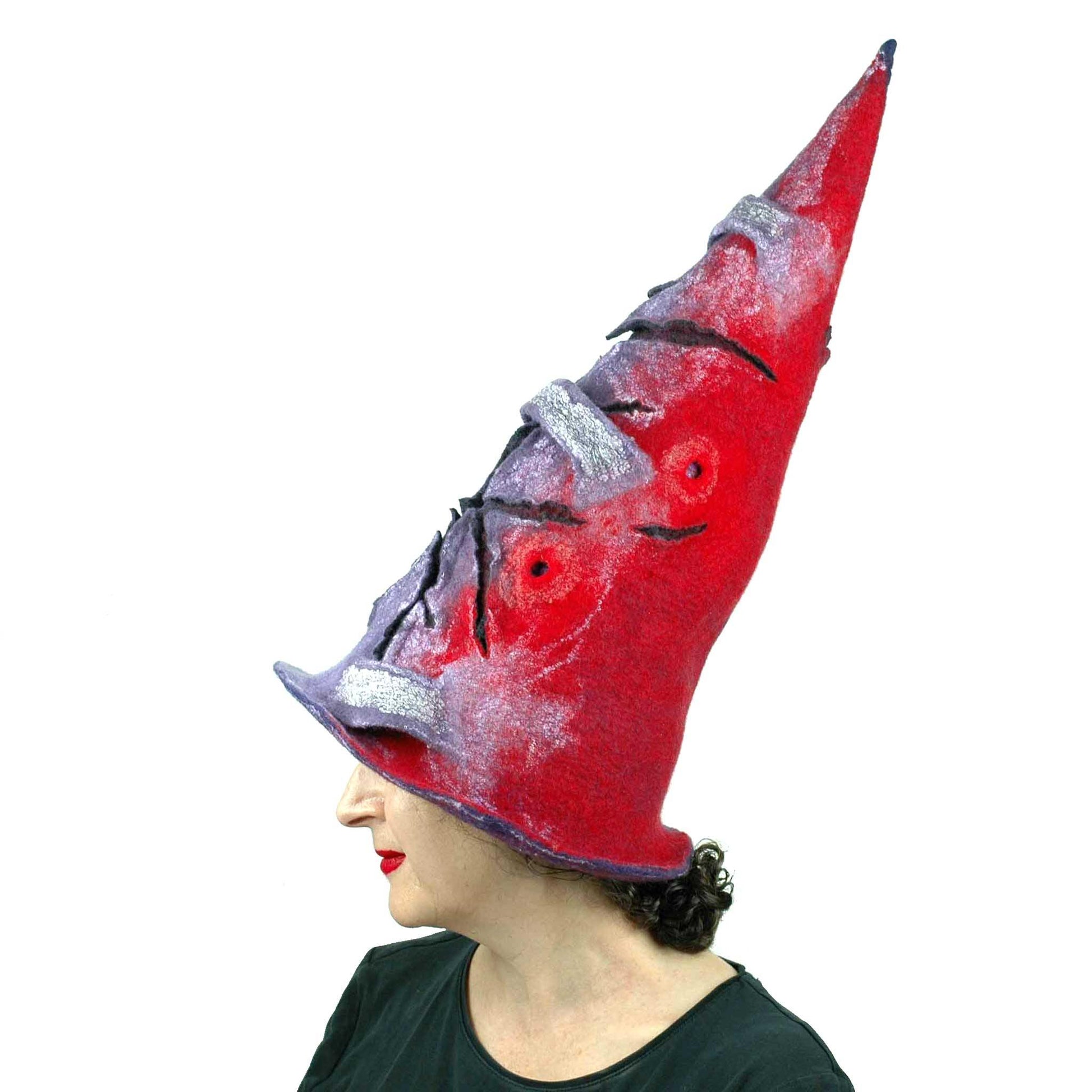 Violet Protest Red and Blue Felted Witch Hat - Side view, red side.