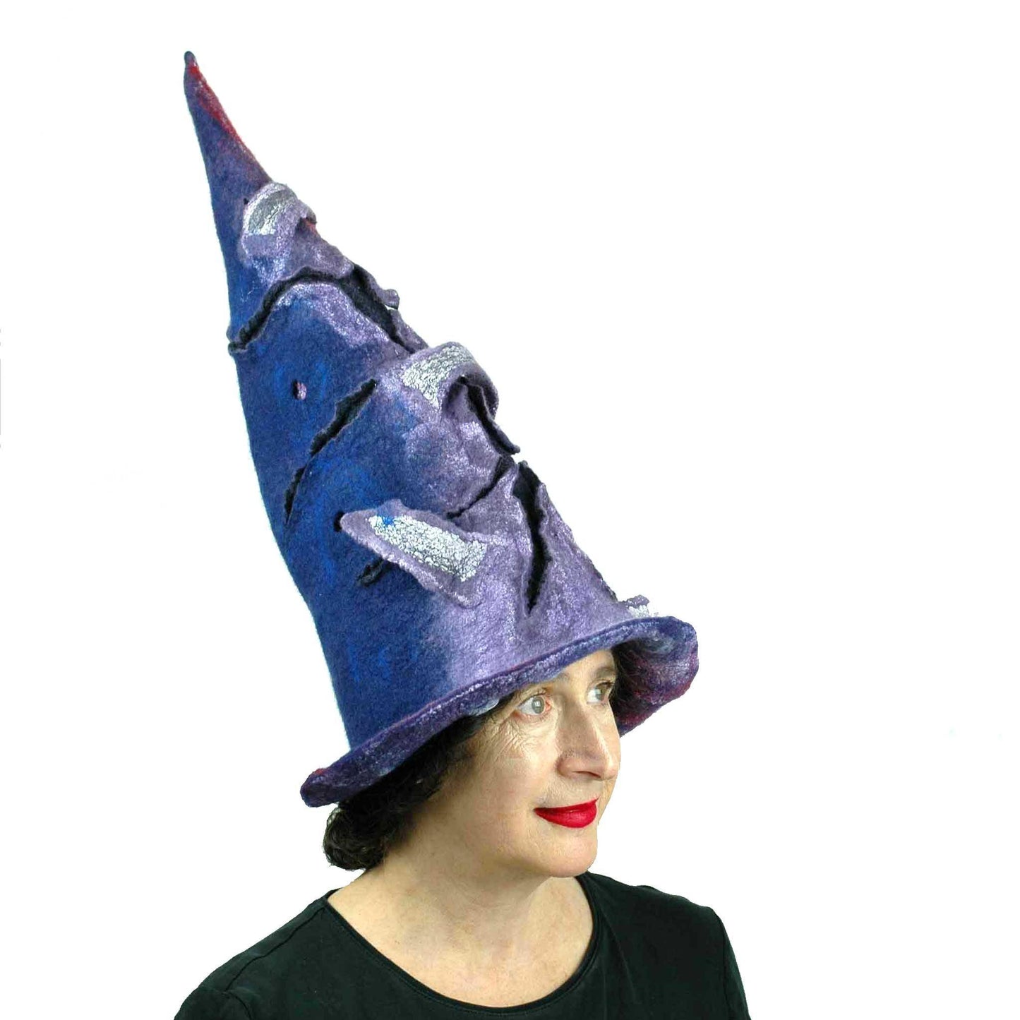 Violet Protest Red and Blue Felted Witch Hat - threequarters view