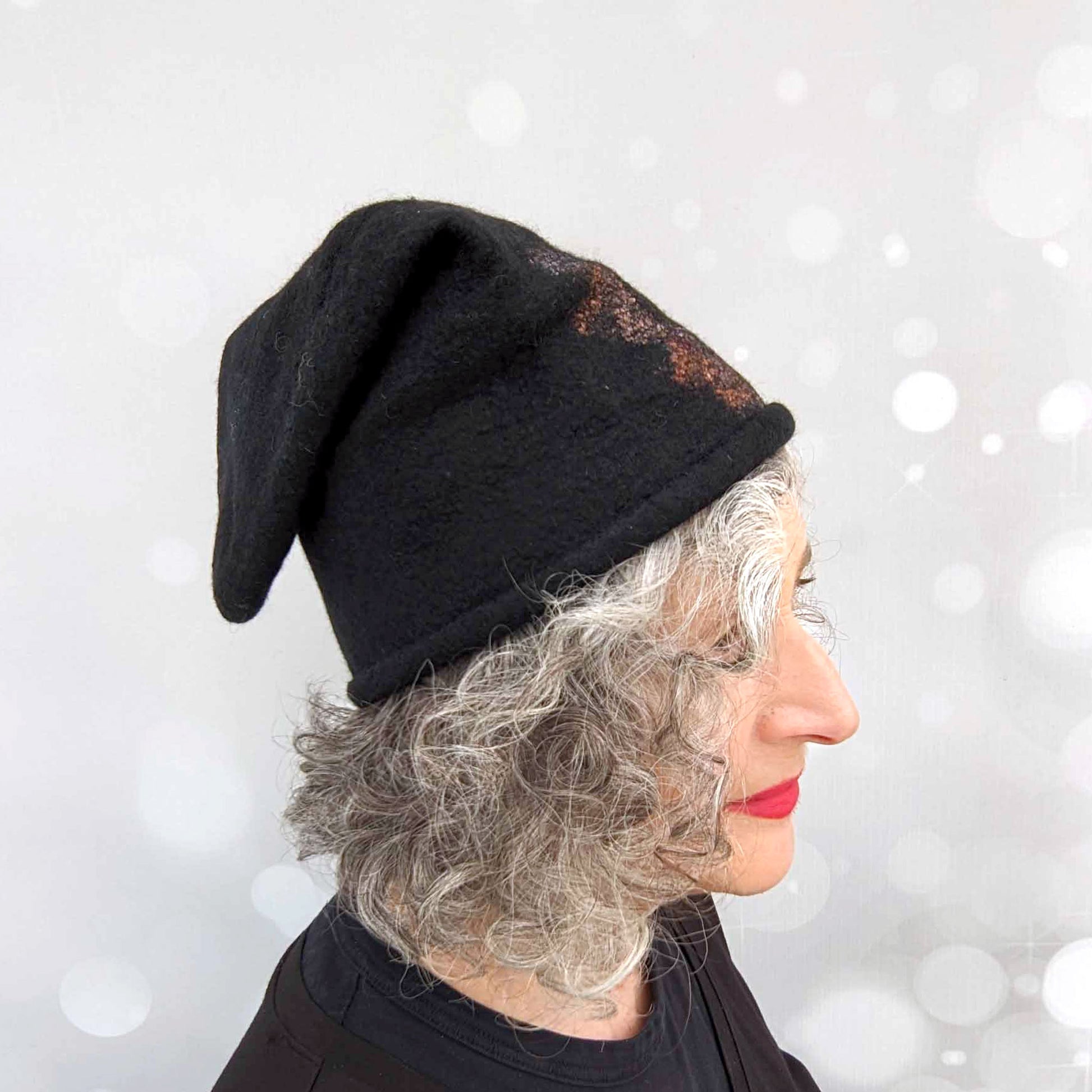 Warm Colourway of Felted Beanie Cap - Extra Small Size -sideview