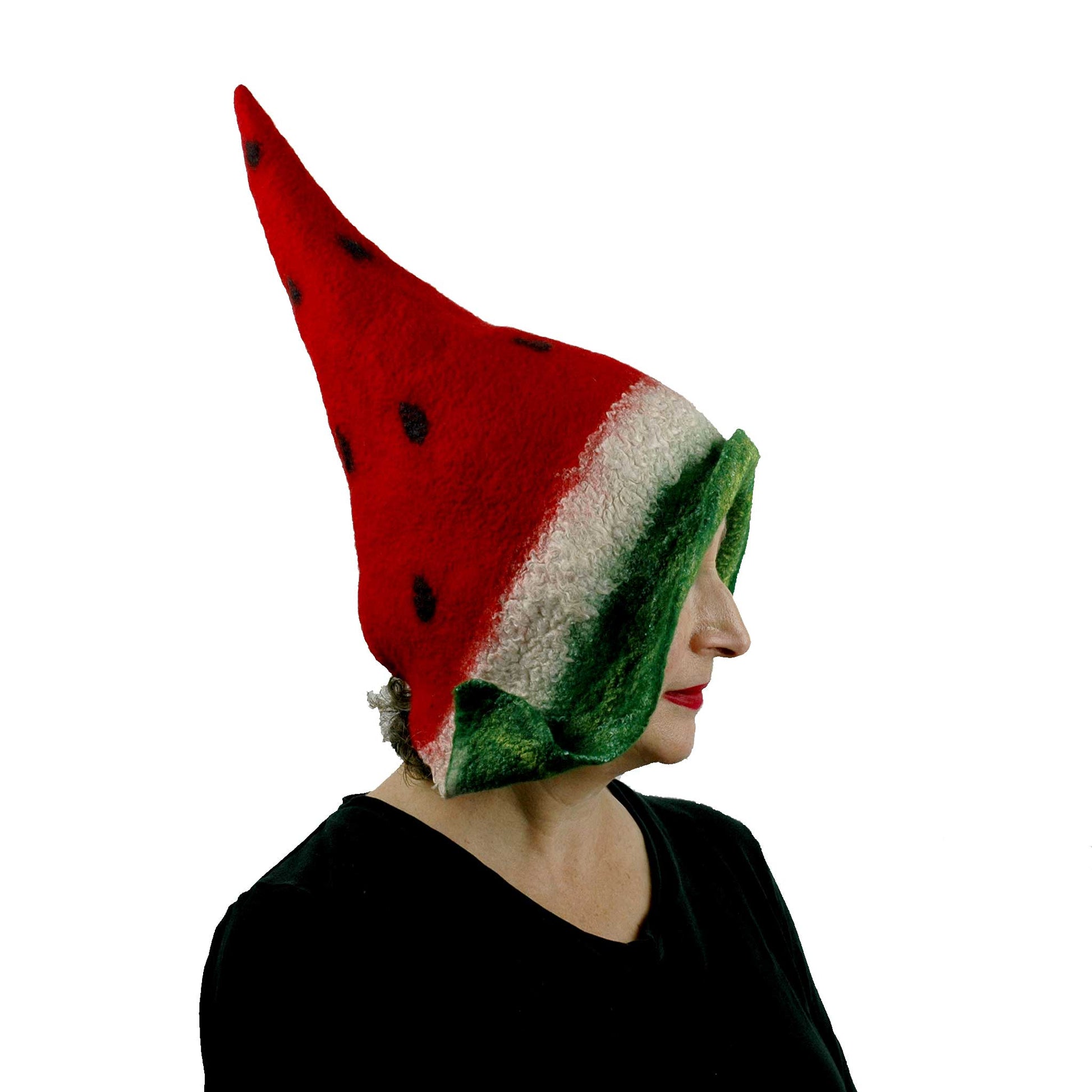 Red and Green Watermelon Pixie Hood - side view