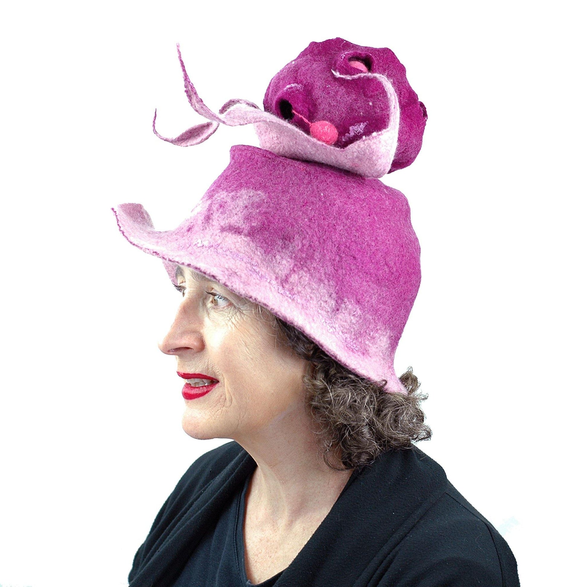 Whimsical Bandleader Hat with Giant Raspberry - side view