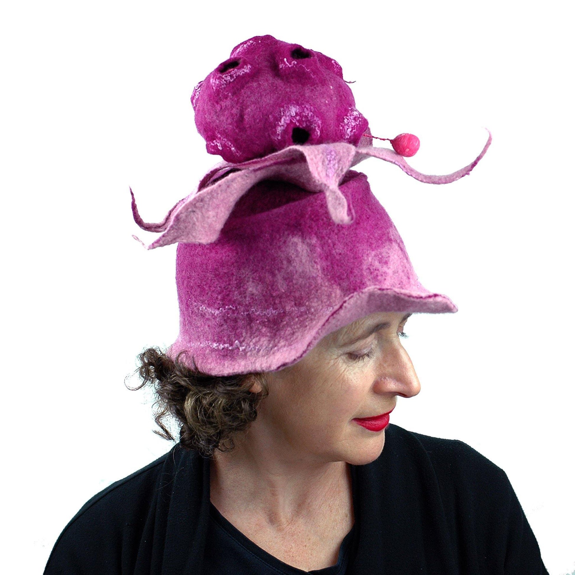 Whimsical Bandleader Hat with Giant Raspberry - side view