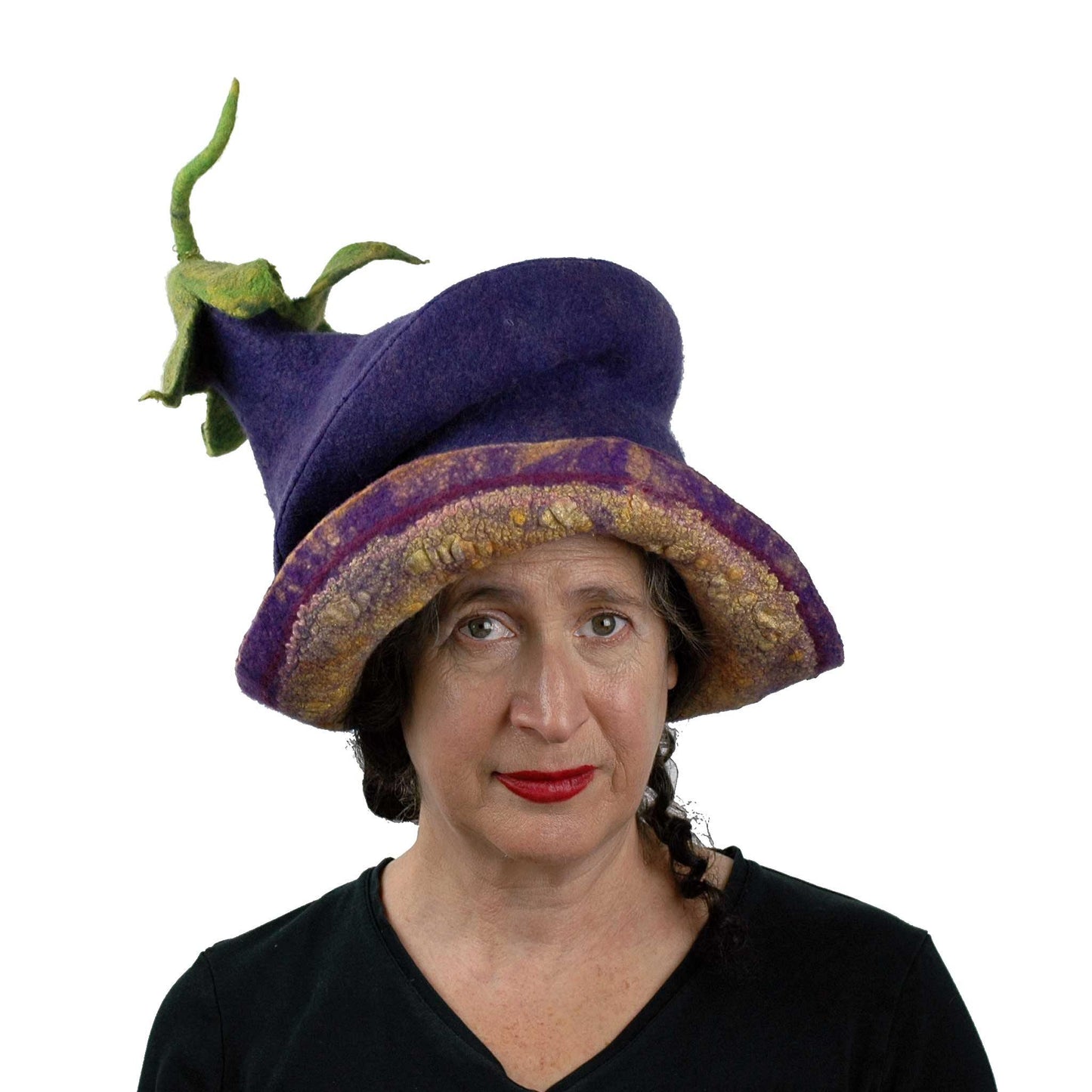 Whimsical Felted Eggplant Hat with Wide Brim - front view