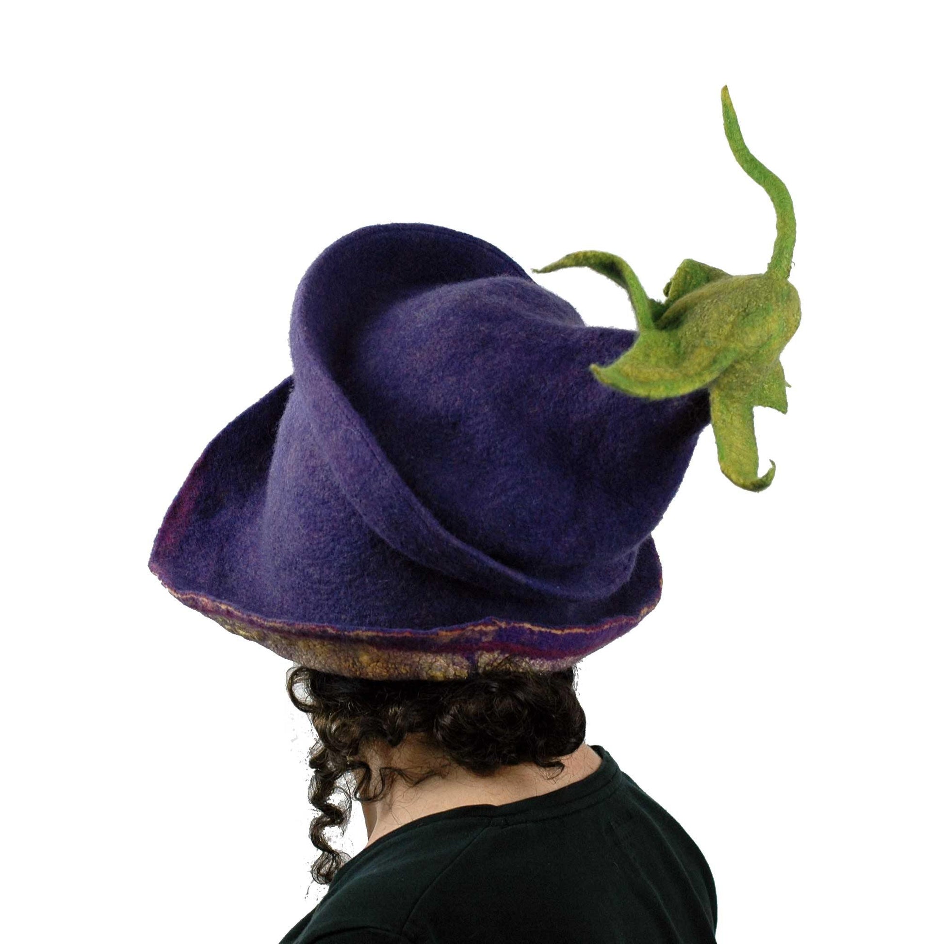 Whimsical Felted Eggplant Hat with Wide Brim - back view