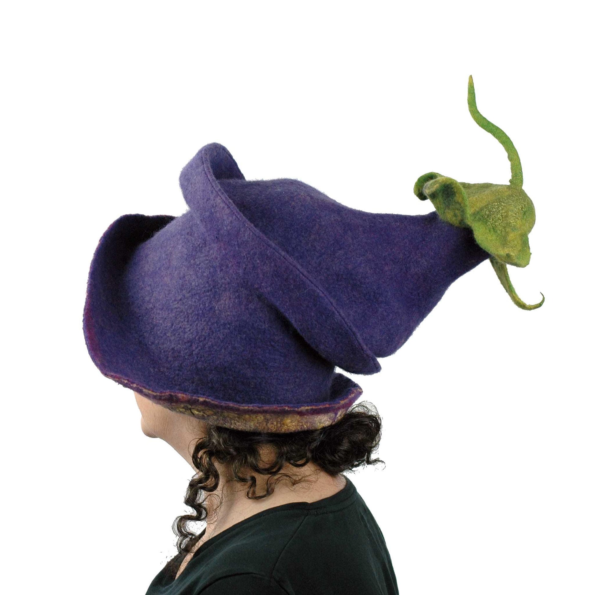 Whimsical Felted Eggplant Hat with Wide Brim - side view