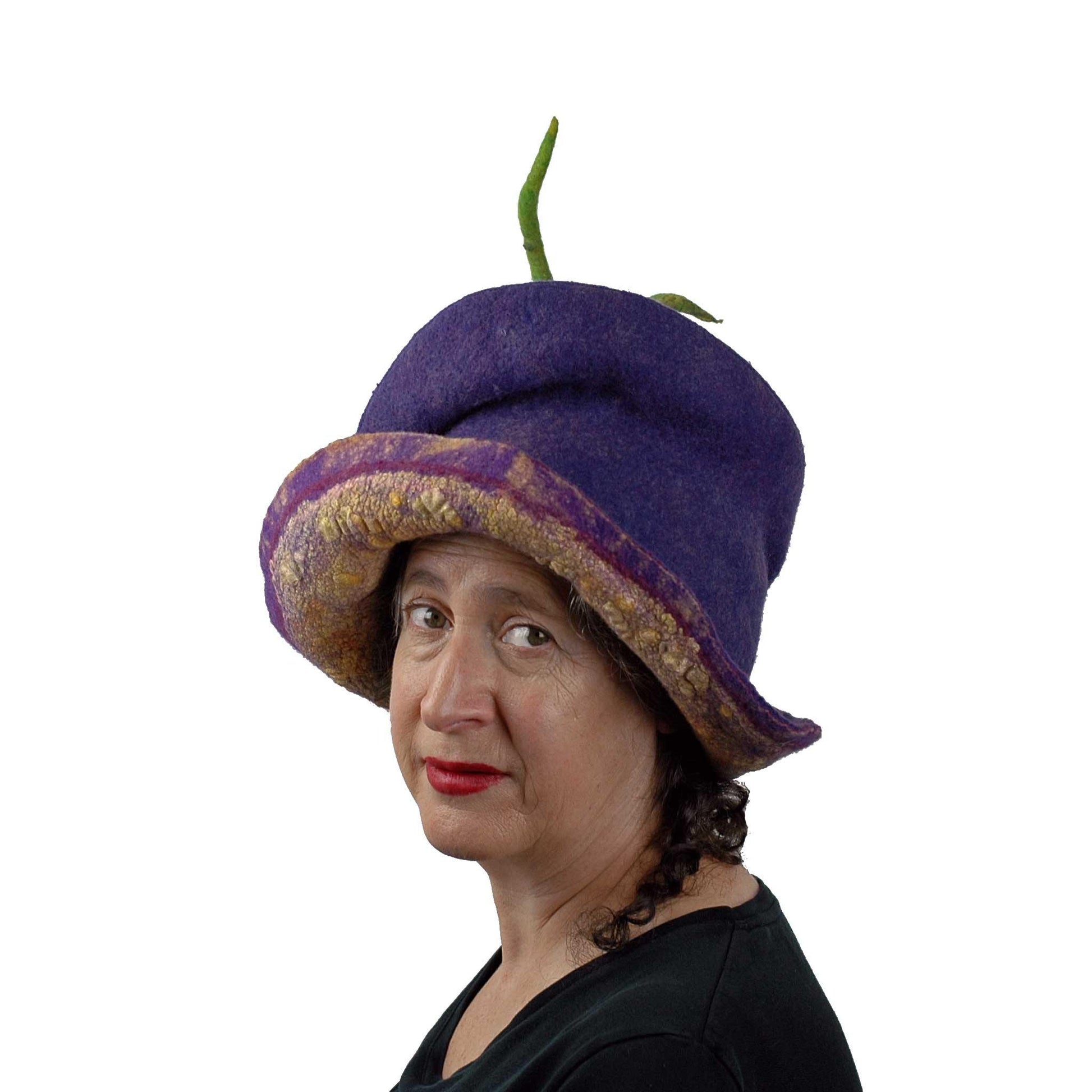 Whimsical Felted Eggplant Hat with Wide Brim - threequarters view