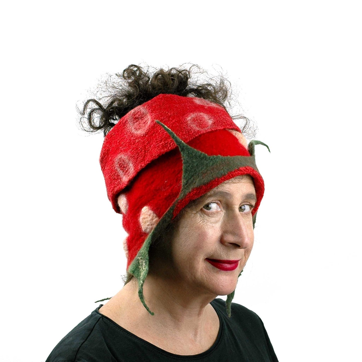 Whimsical Red Strawberry Neck Warmer with Green Leaves - worn as a head scarf.