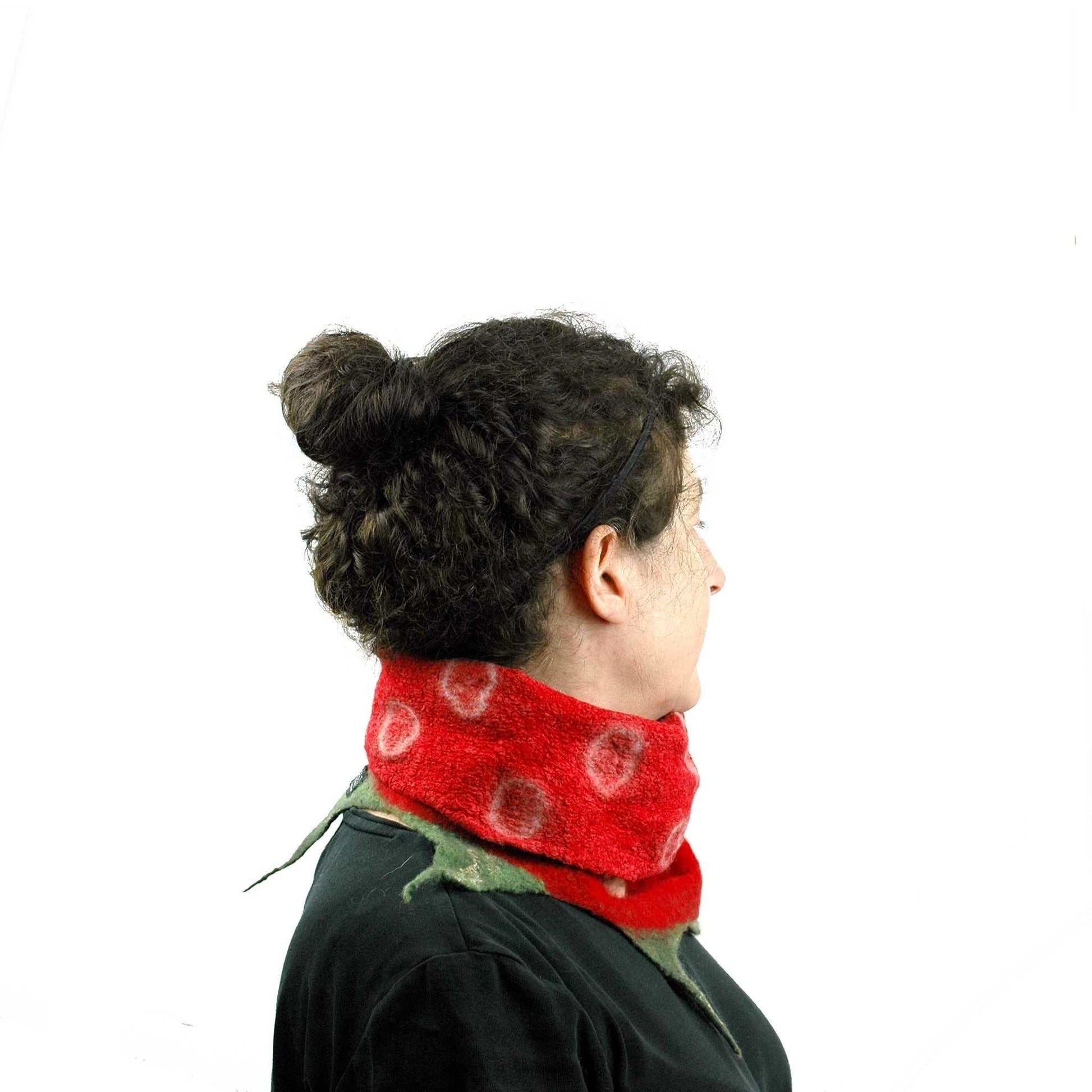 Whimsical Red Strawberry Neck Warmer with Green Leaves with inside folded over.