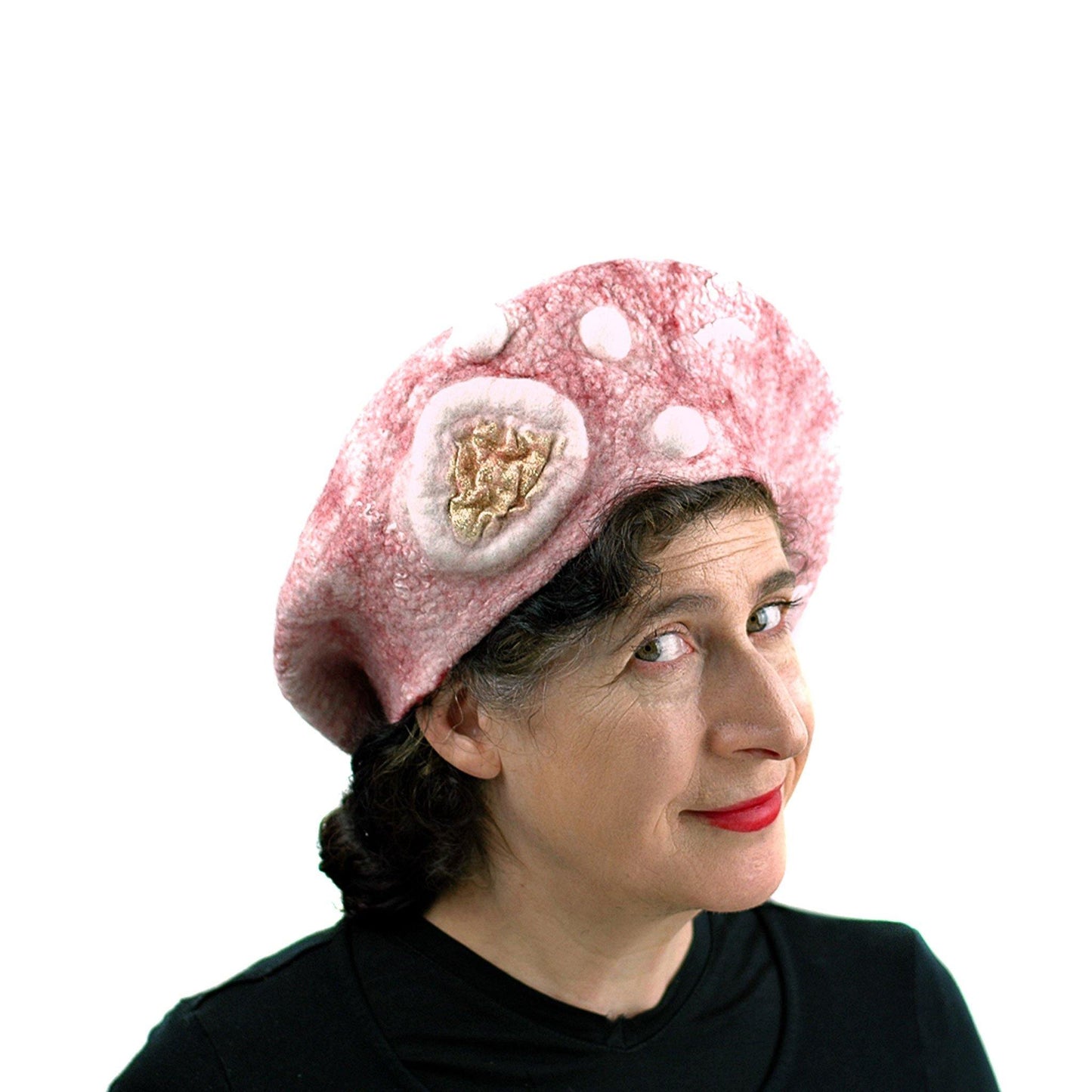 Red and White Beret with Gold Accents -side view