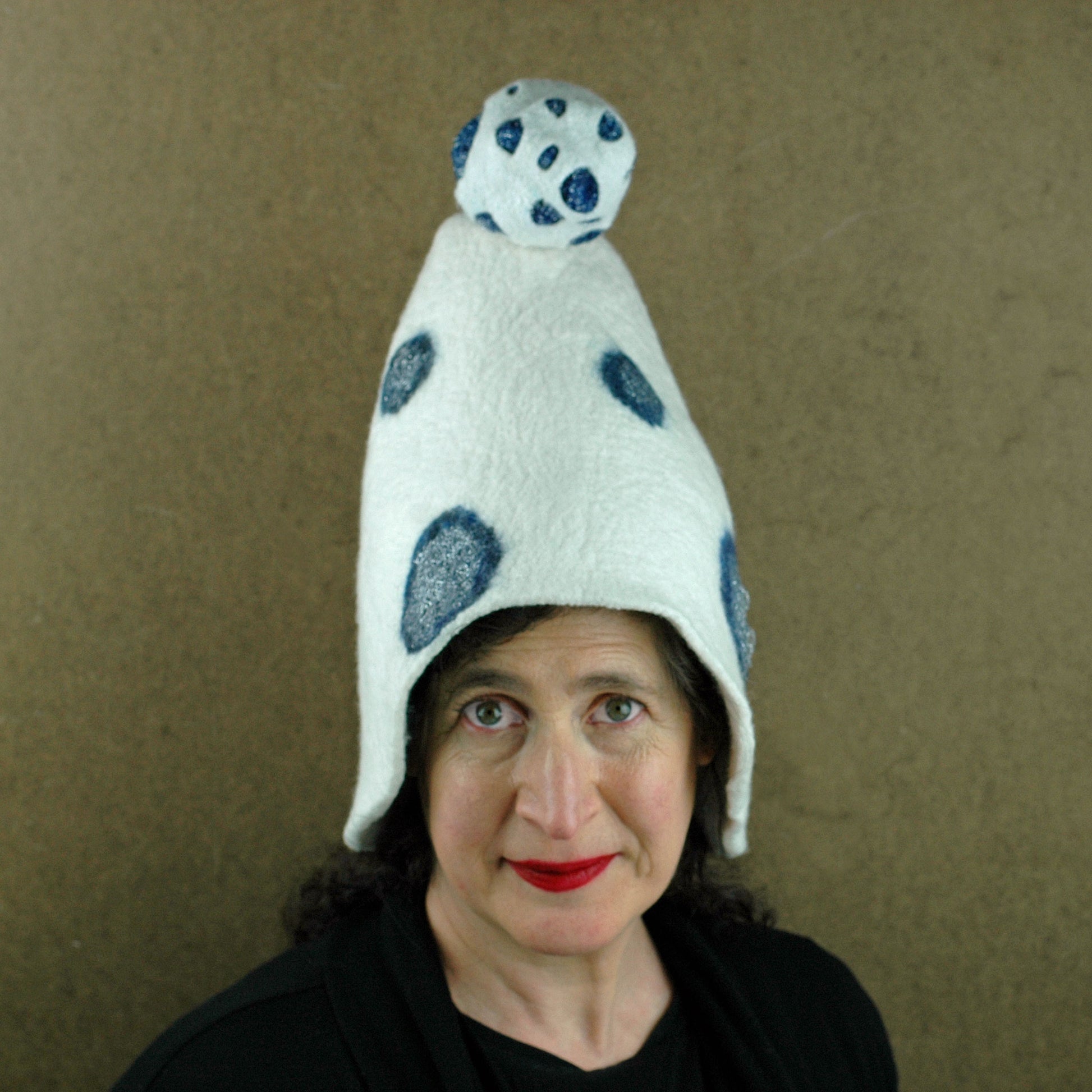White Mushroom Hat with Blue Polka Dots -front view