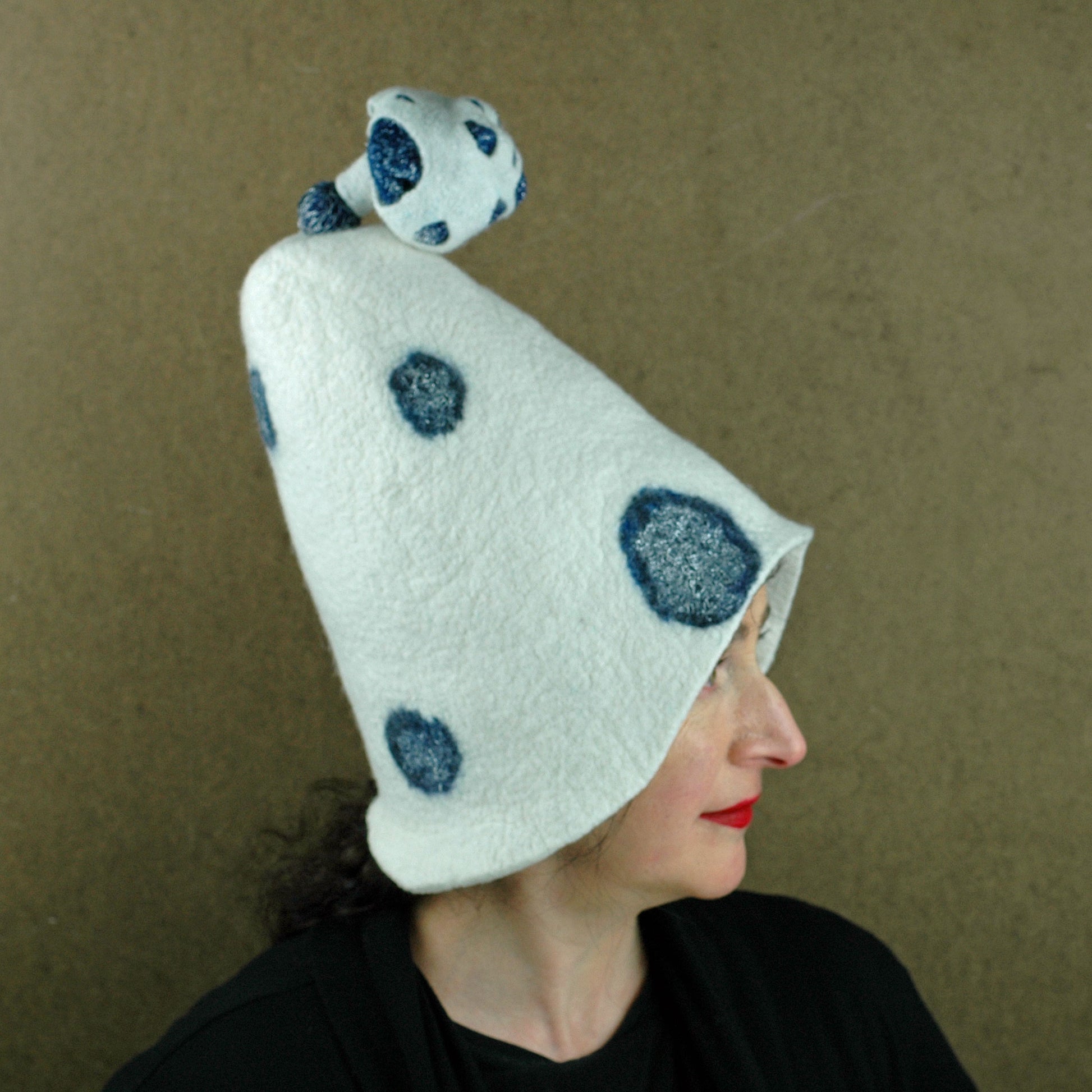 White Mushroom Hat with Blue Polka Dots - side view